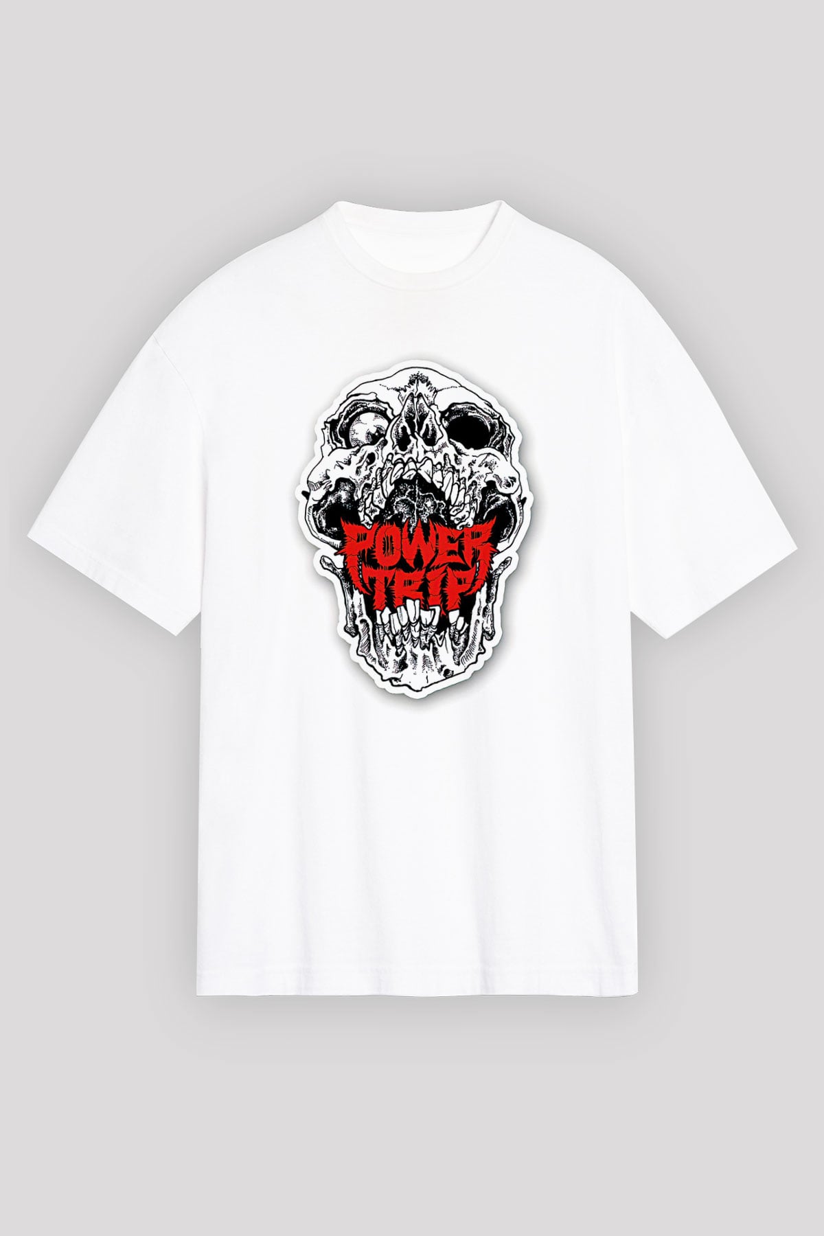 Power Trip Baskılı Beyaz Unisex Oversize Tişört - Tshirt