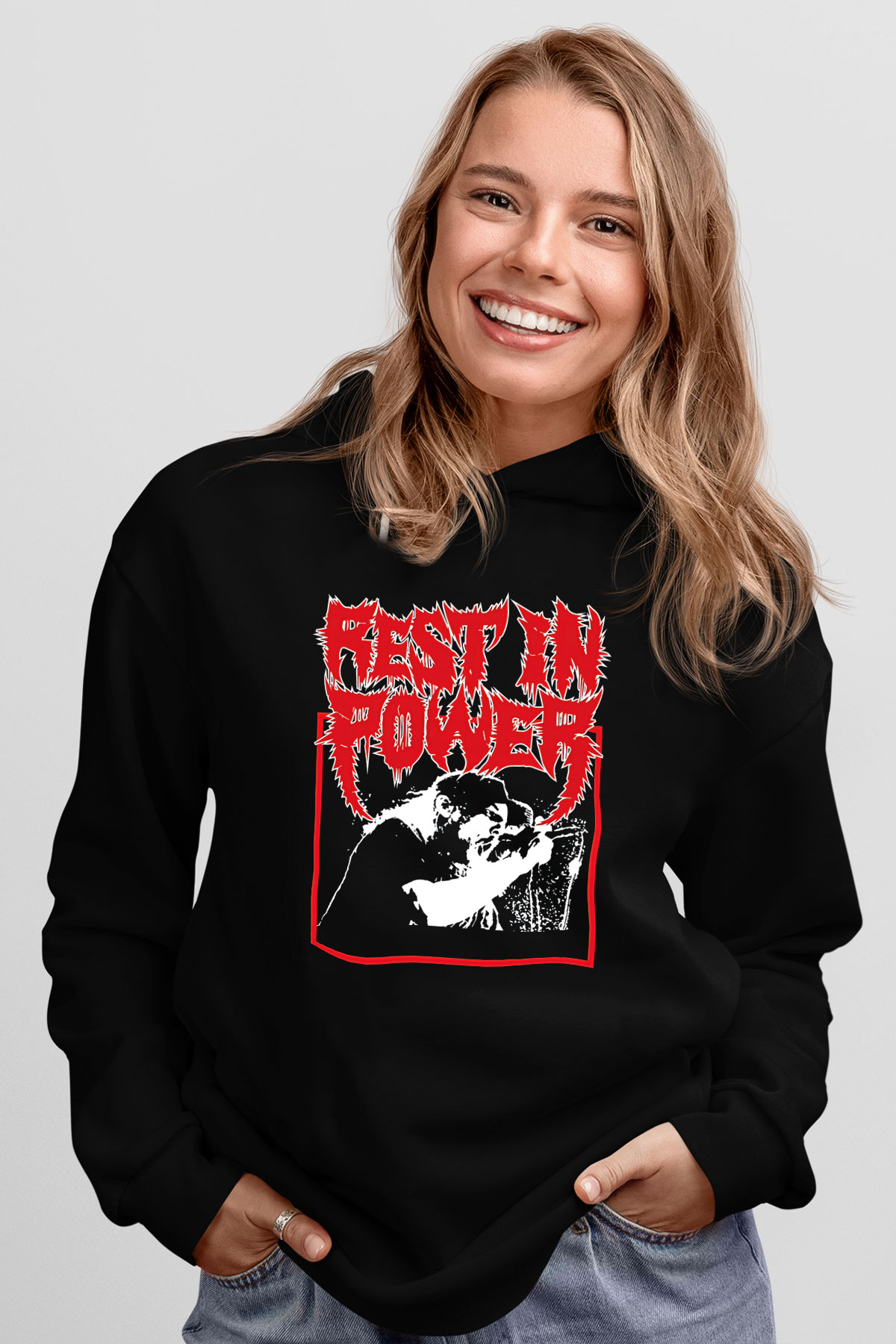 Power Trip Baskılı Unisex Siyah Kapüşonlu Sweatshirt