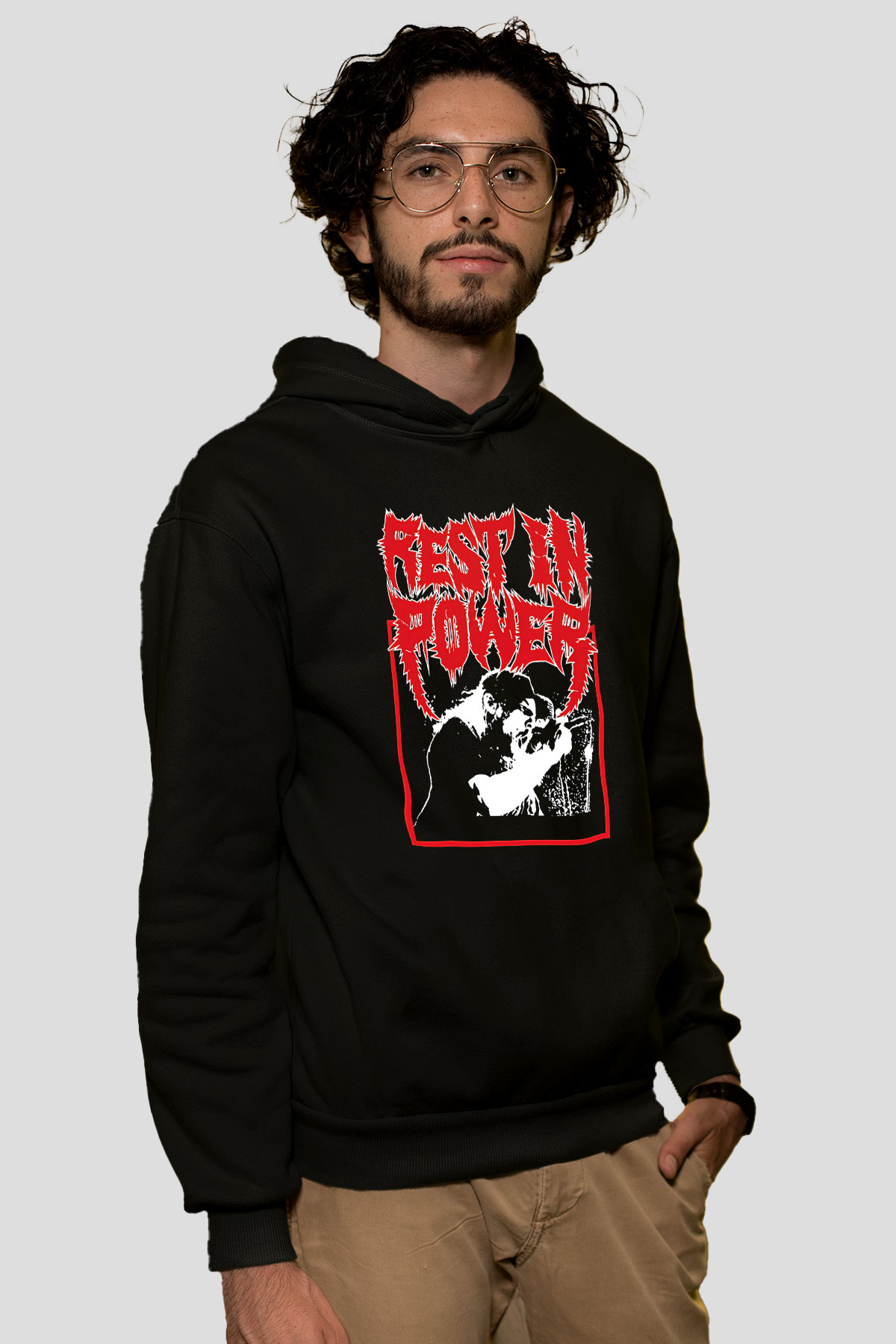 Power Trip Baskılı Unisex Siyah Kapüşonlu Sweatshirt