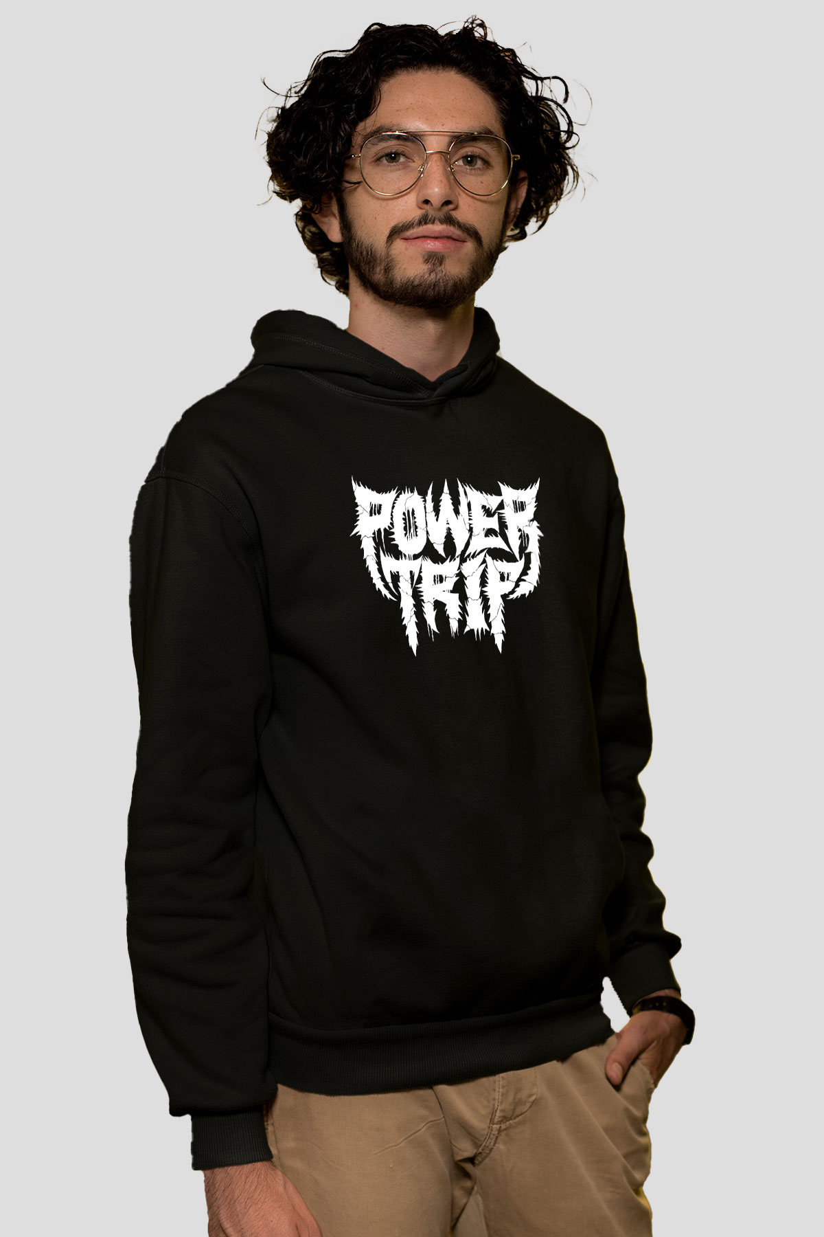 Power Trip Baskılı Unisex Siyah Kapüşonlu Sweatshirt