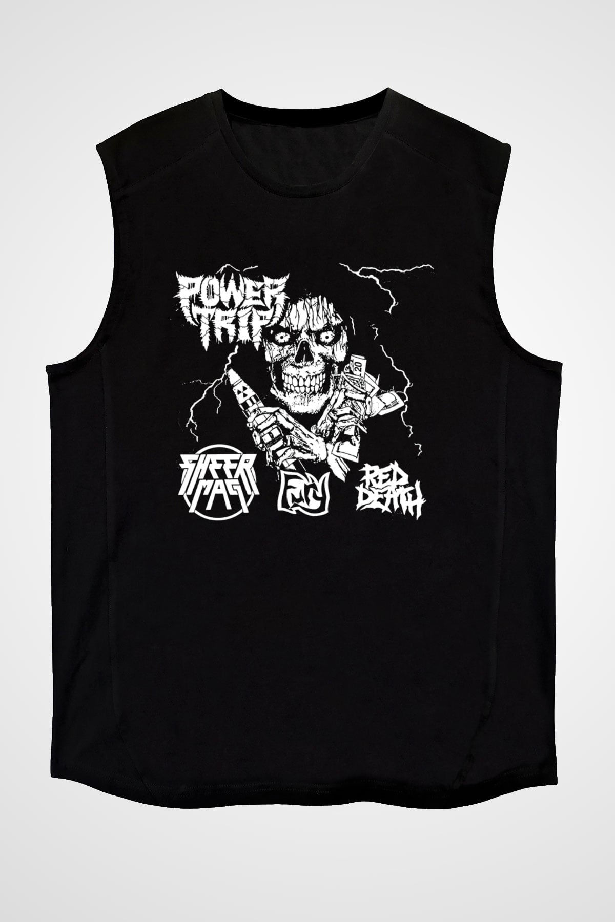 Power Trip Baskılı Unisex Siyah Kolsuz Tişört - Tshirt