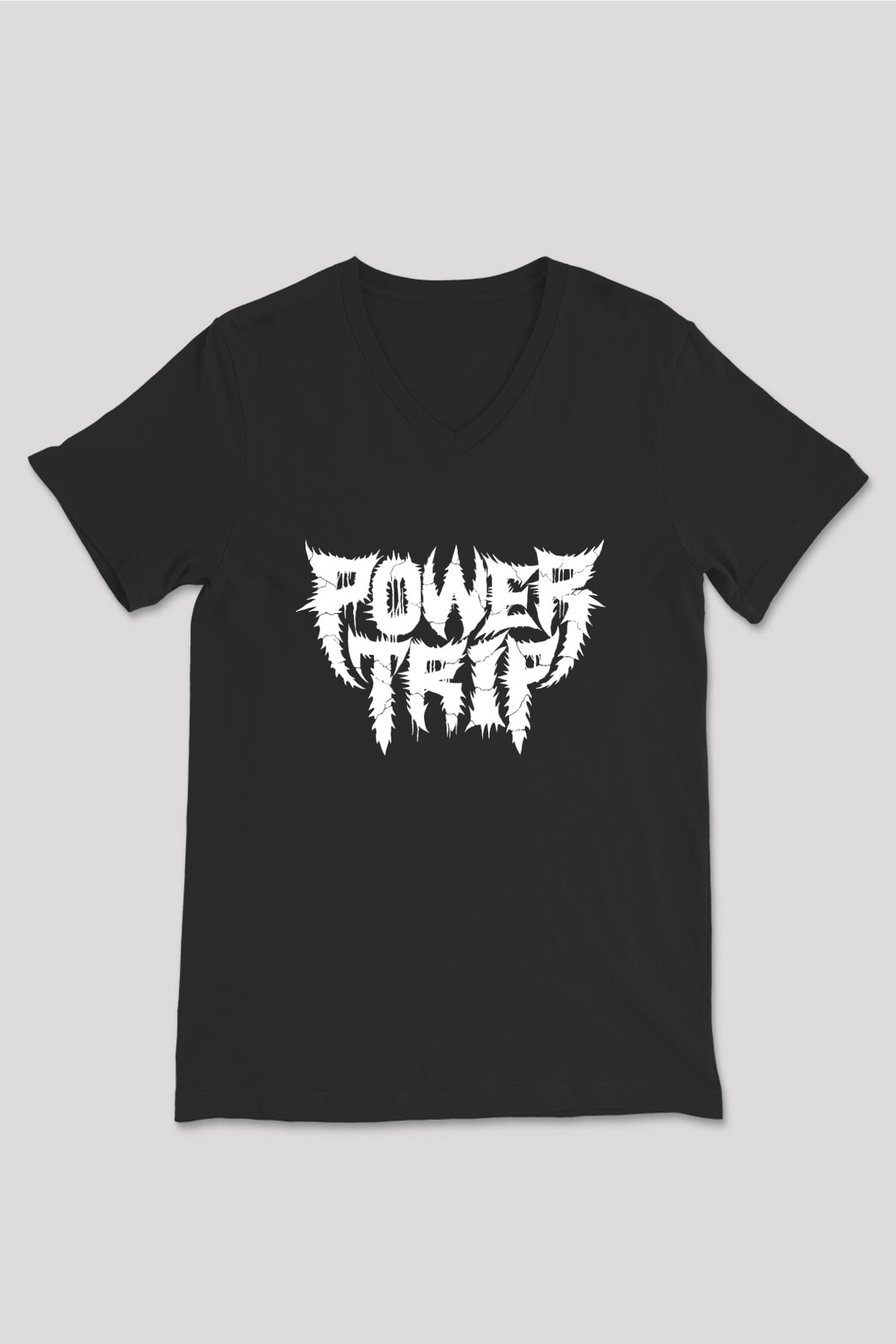 Power Trip Baskılı Unisex Siyah V Yaka Tişört - Tshirt