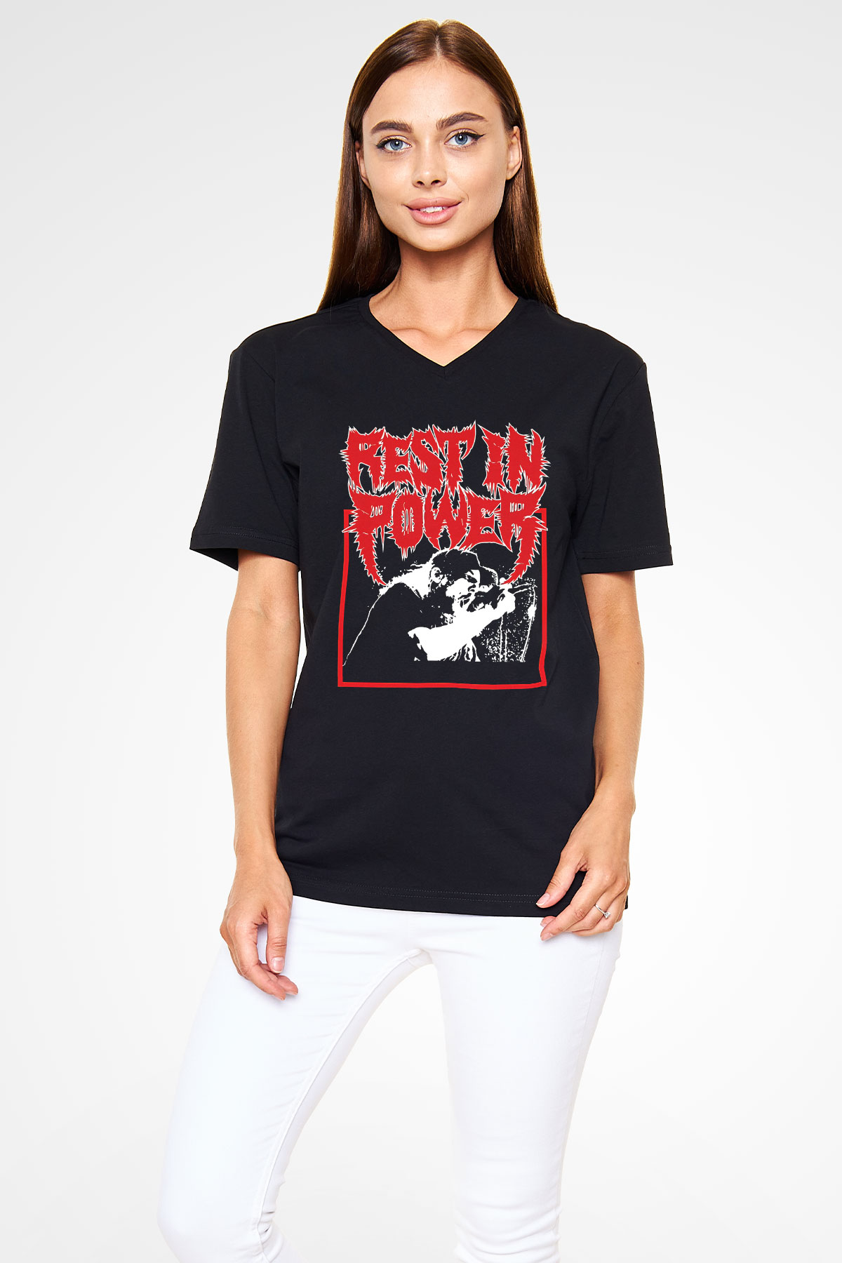 Power Trip Baskılı Unisex Siyah V Yaka Tişört - Tshirt