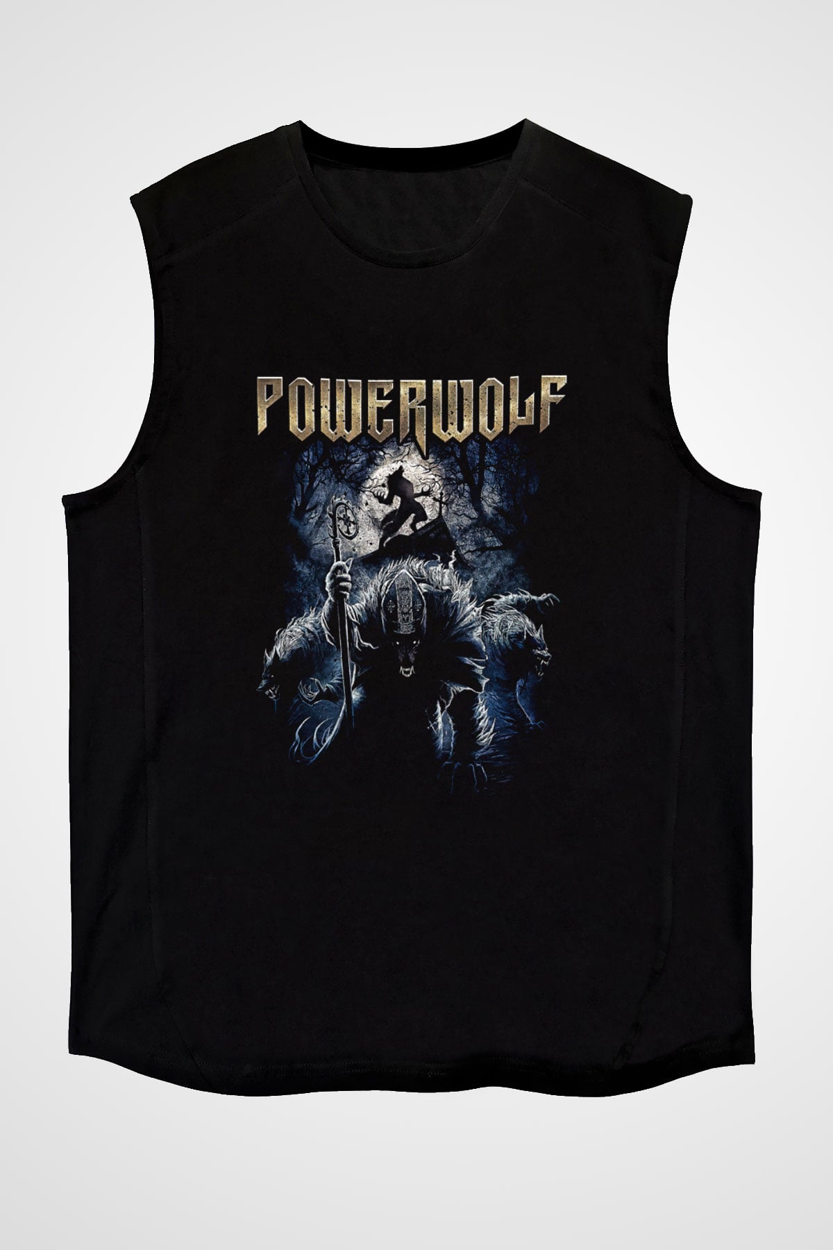 Powerwolf Baskılı Unisex Siyah Kolsuz Tişört - Tshirt