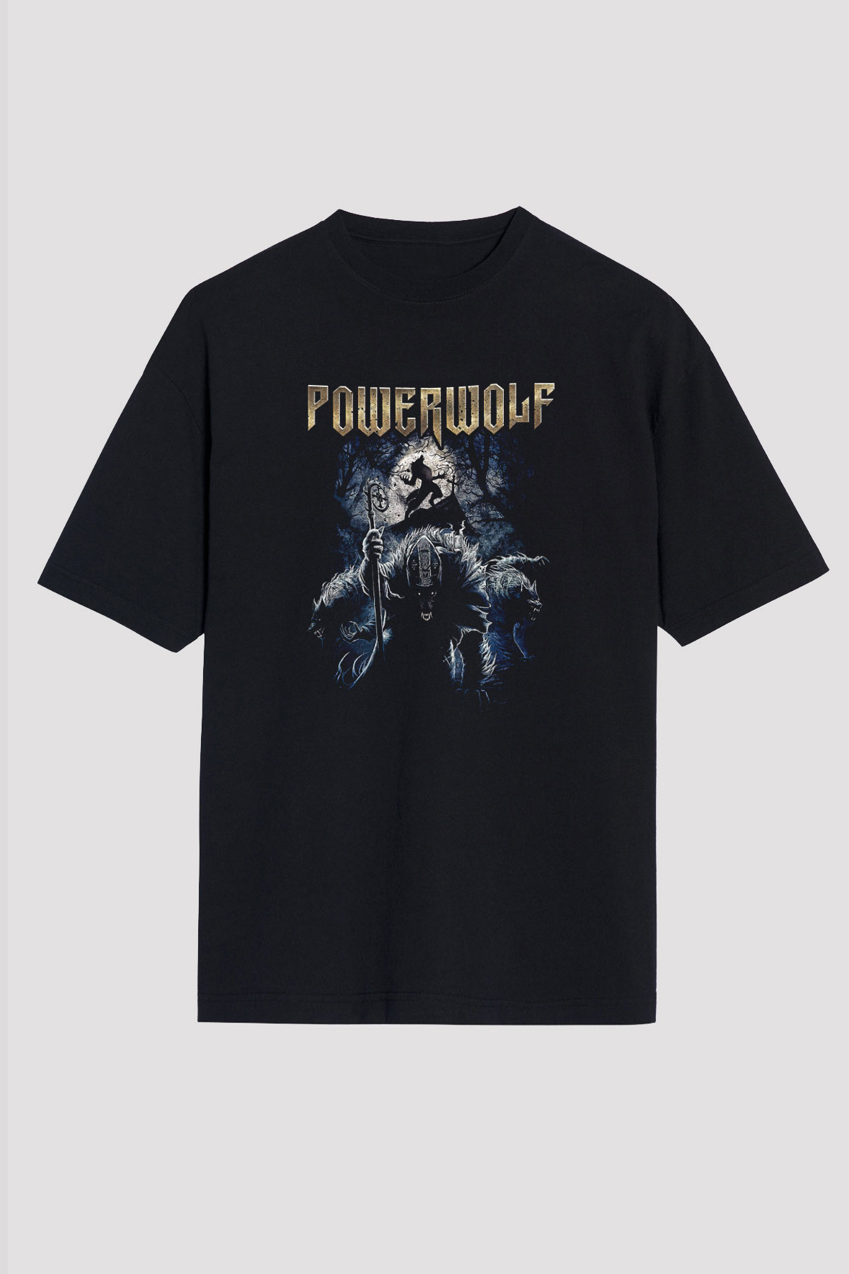Powerwolf Baskılı Unisex Siyah Oversize Tişört - Tshirt