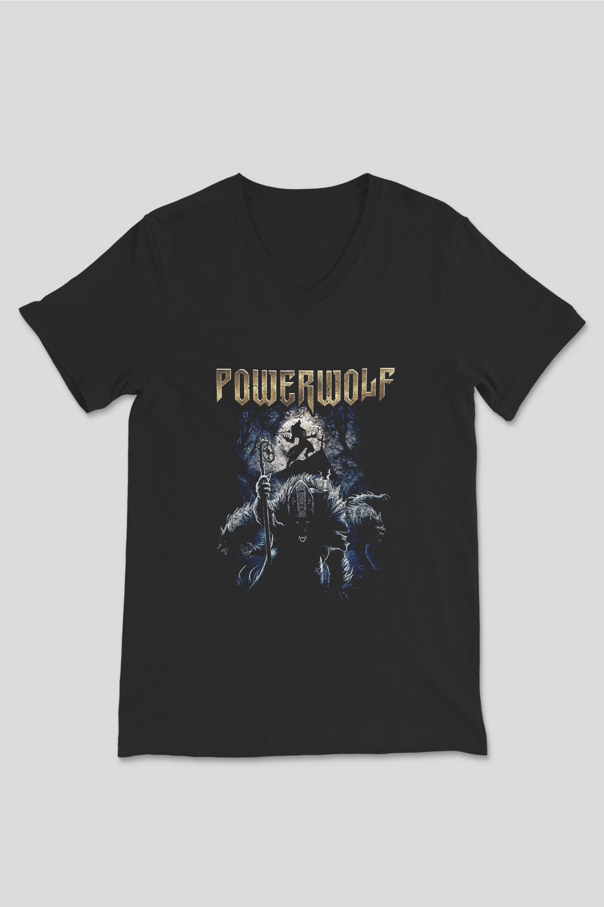 Powerwolf Baskılı Unisex Siyah V Yaka Tişört - Tshirt