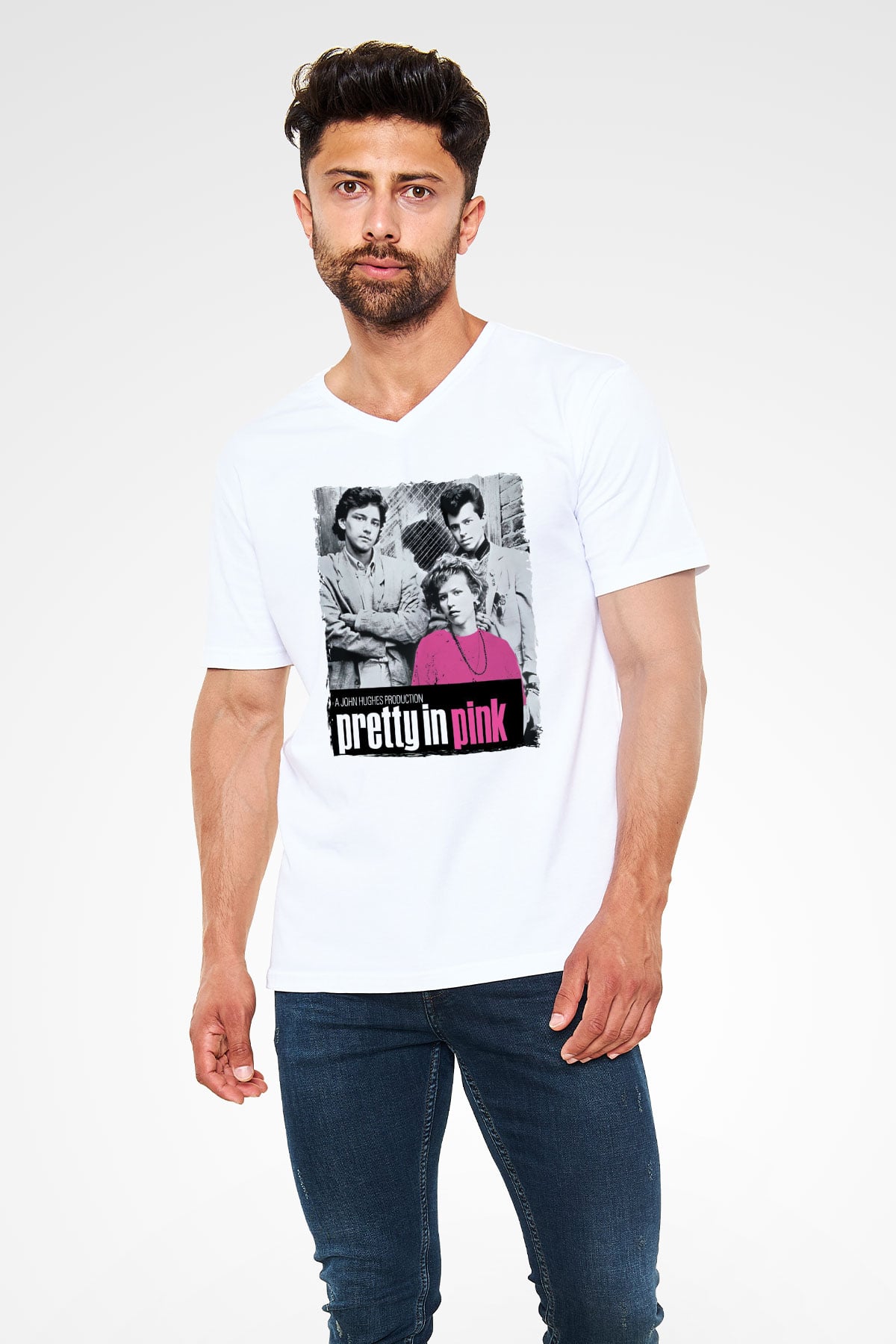 Pretty in Pink Beyaz Unisex  V Yaka Tişört
