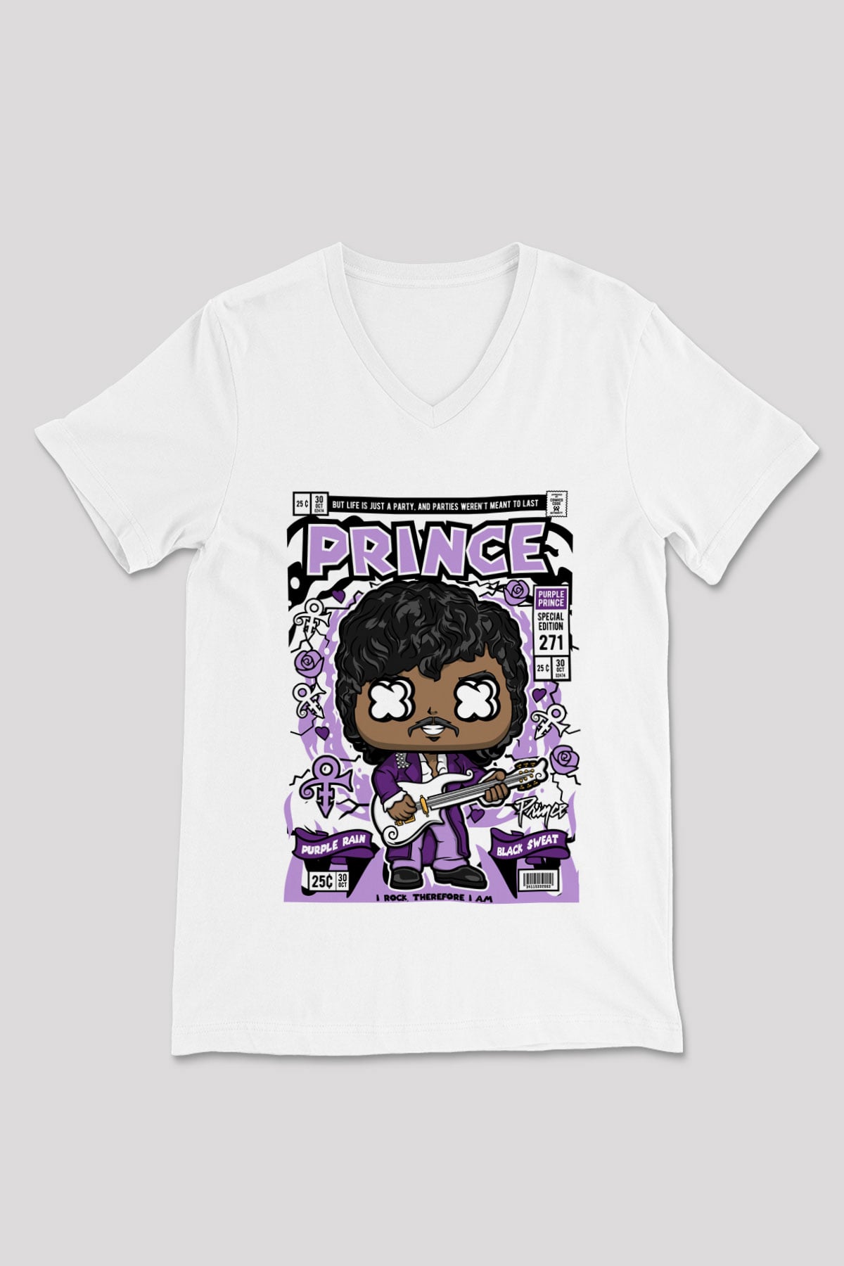 Prince Baskılı Unisex Beyaz V Yaka Tişört