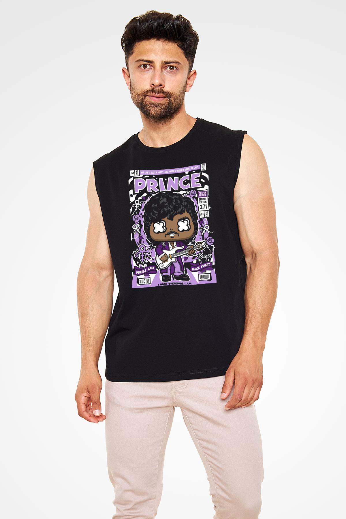 Prince Baskılı Unisex Siyah Kolsuz Tişört