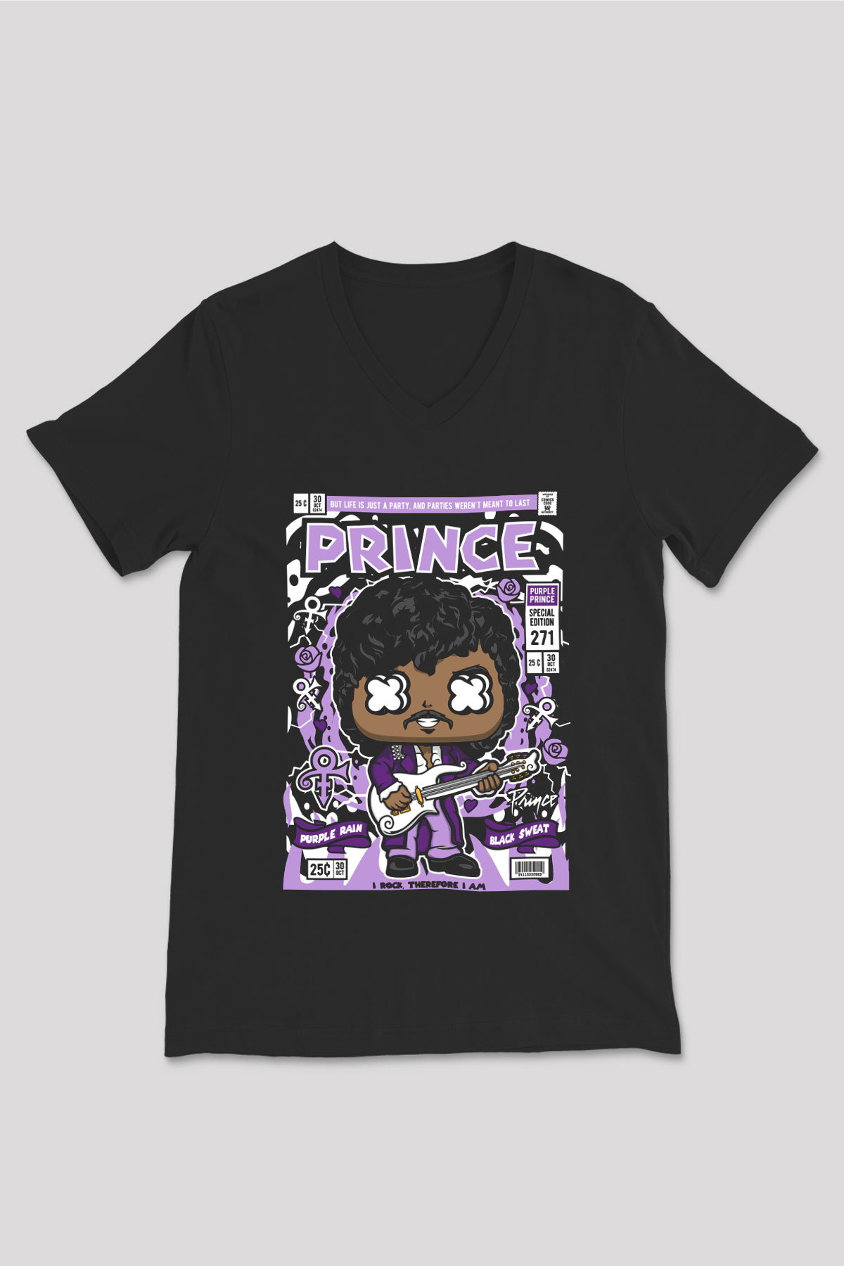Prince Baskılı Unisex Siyah V Yaka Tişört