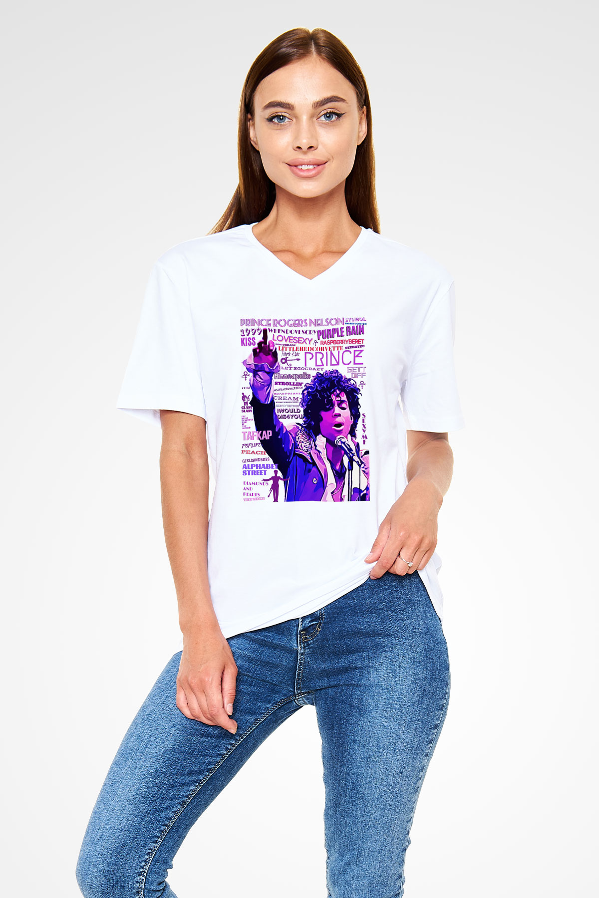 Prince Beyaz Unisex V Yaka Tişört