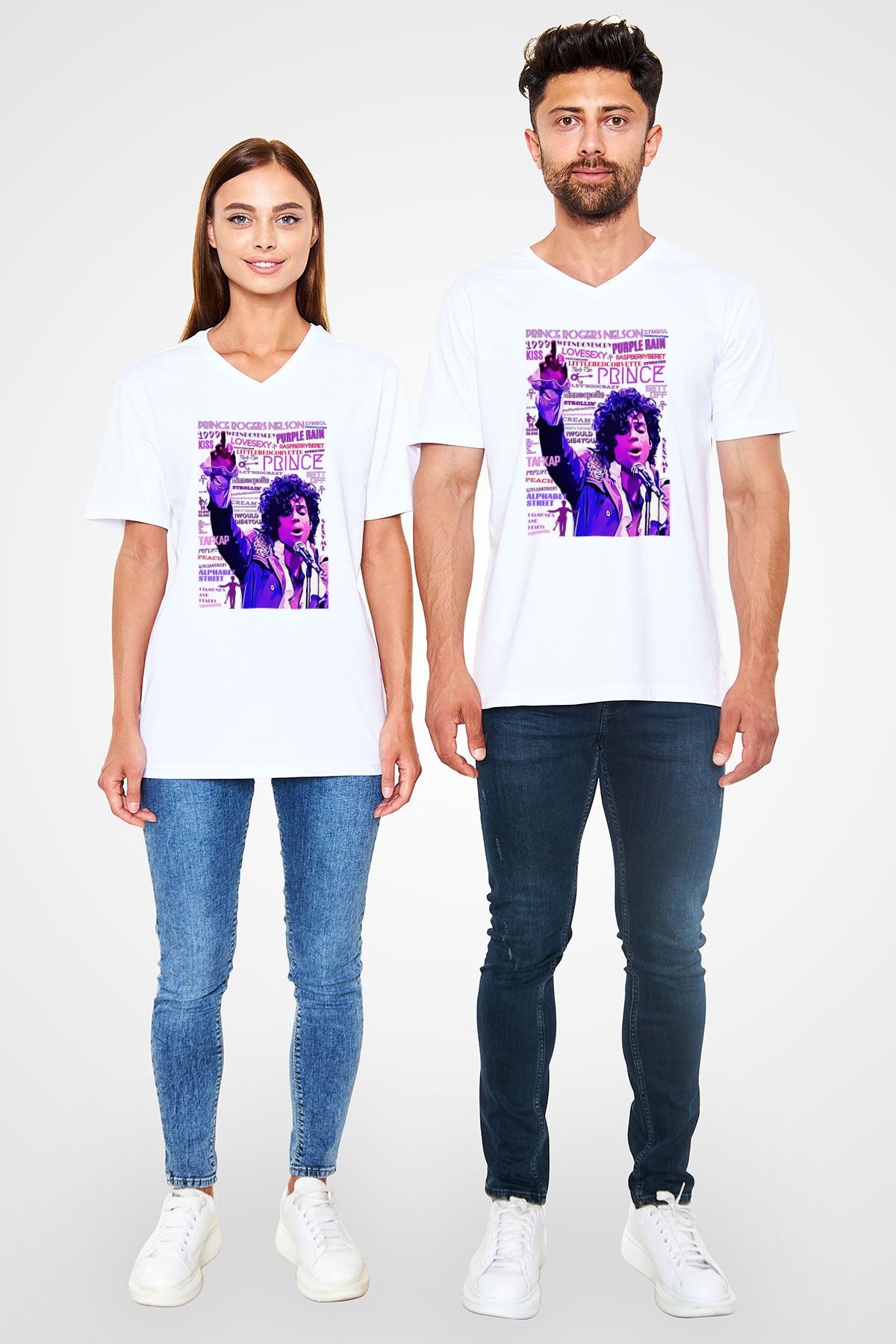 Prince Beyaz Unisex V Yaka Tişört
