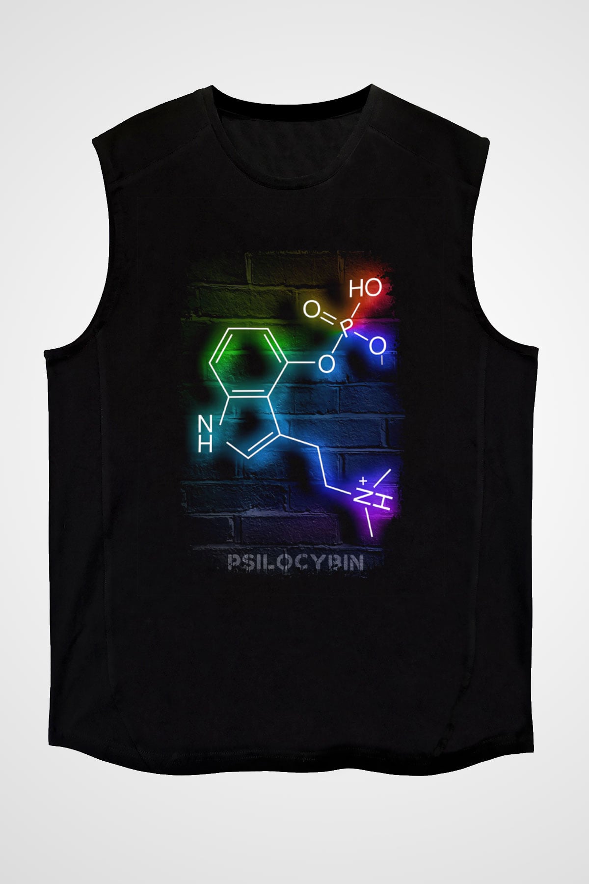 Psilosibin Molekülü Baskılı Unisex Kolsuz Siyah Tişört - Tshirt