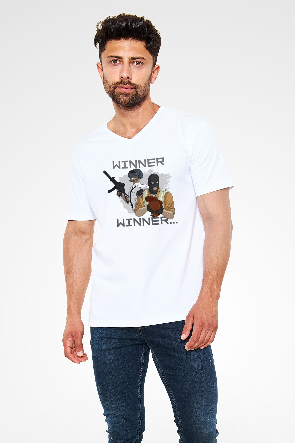 PUBG Beyaz Unisex V Yaka Tişört T-Shirt