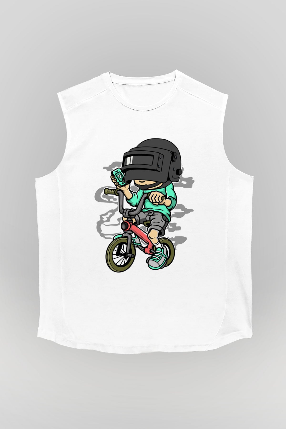 PUBG Biker Baskılı Unisex Beyaz Kolsuz Tişört