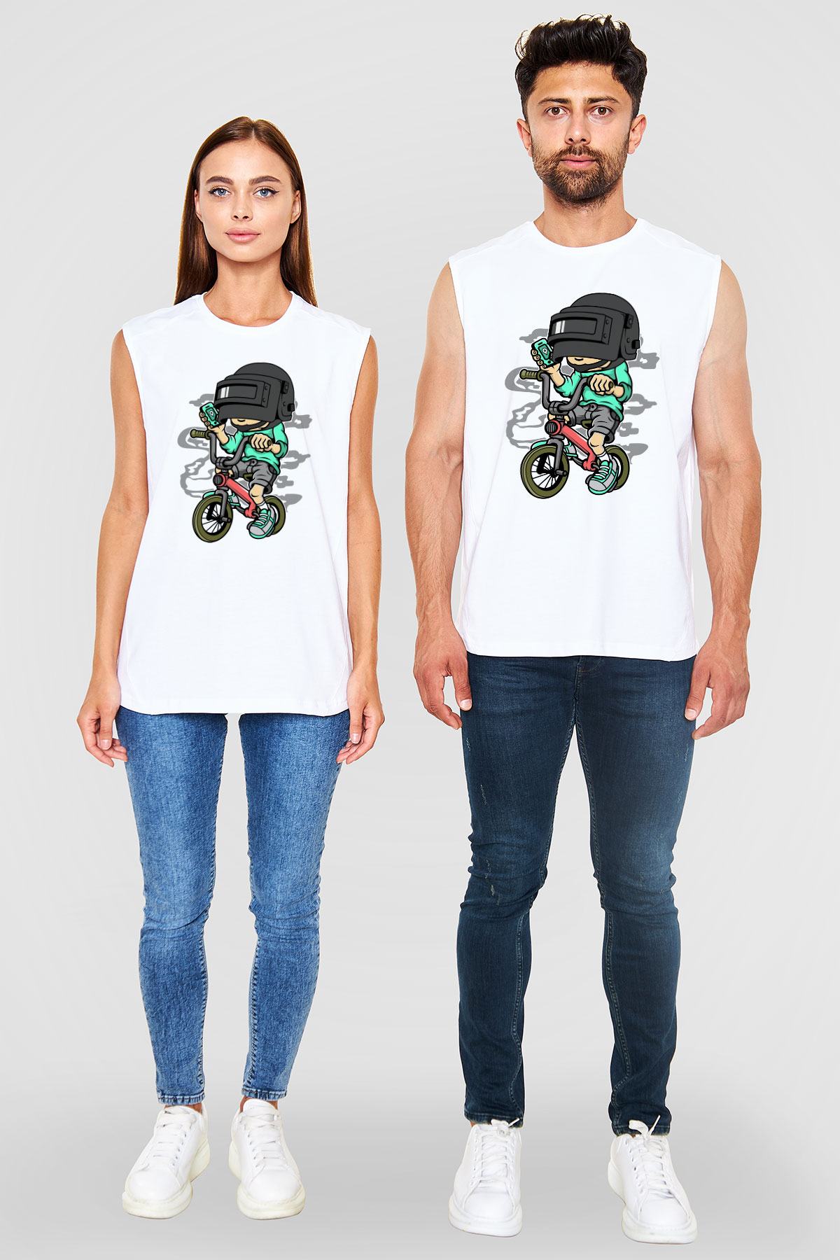 PUBG Biker Baskılı Unisex Beyaz Kolsuz Tişört
