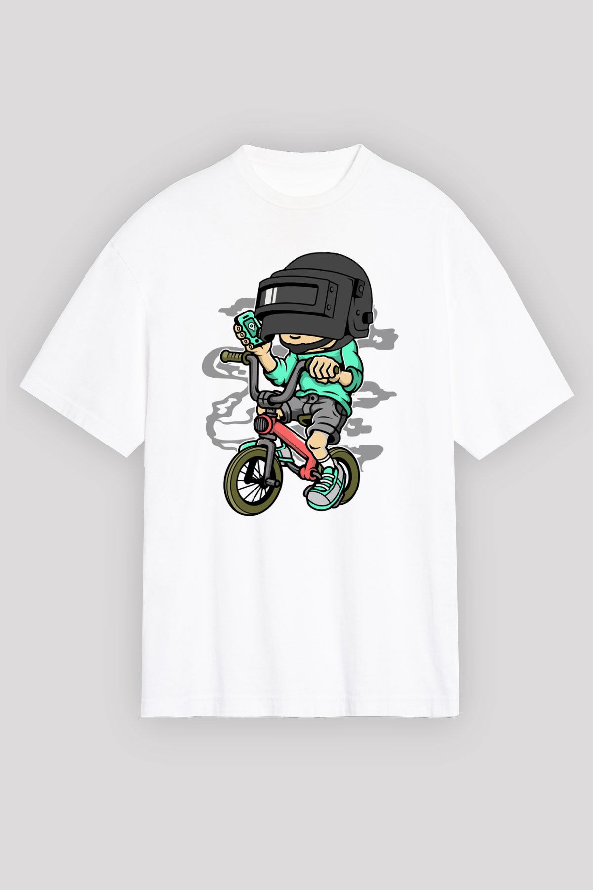 PUBG Biker Baskılı Unisex Beyaz Oversize Tişört
