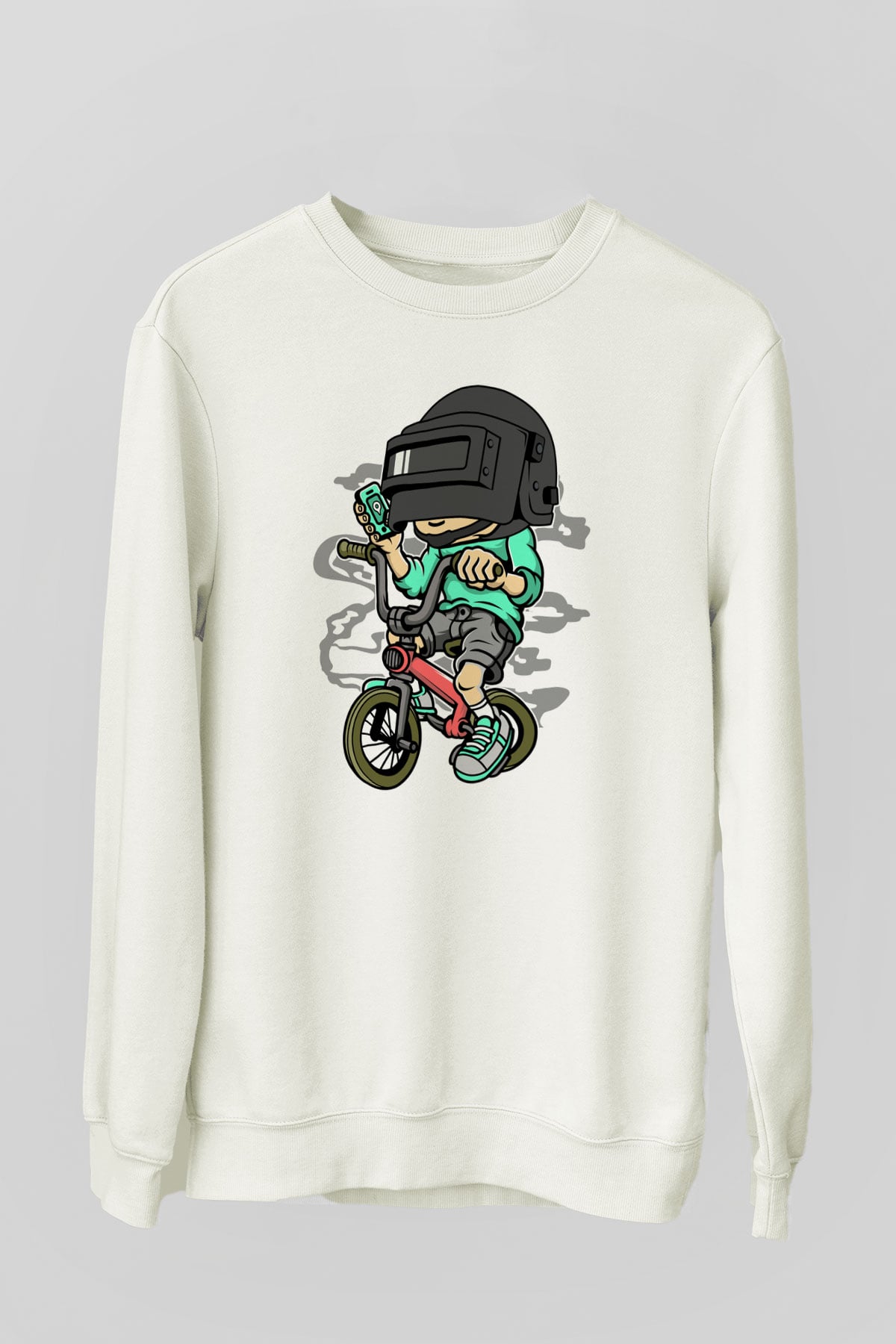 PUBG Biker Baskılı Unisex Beyaz Sweatshirt