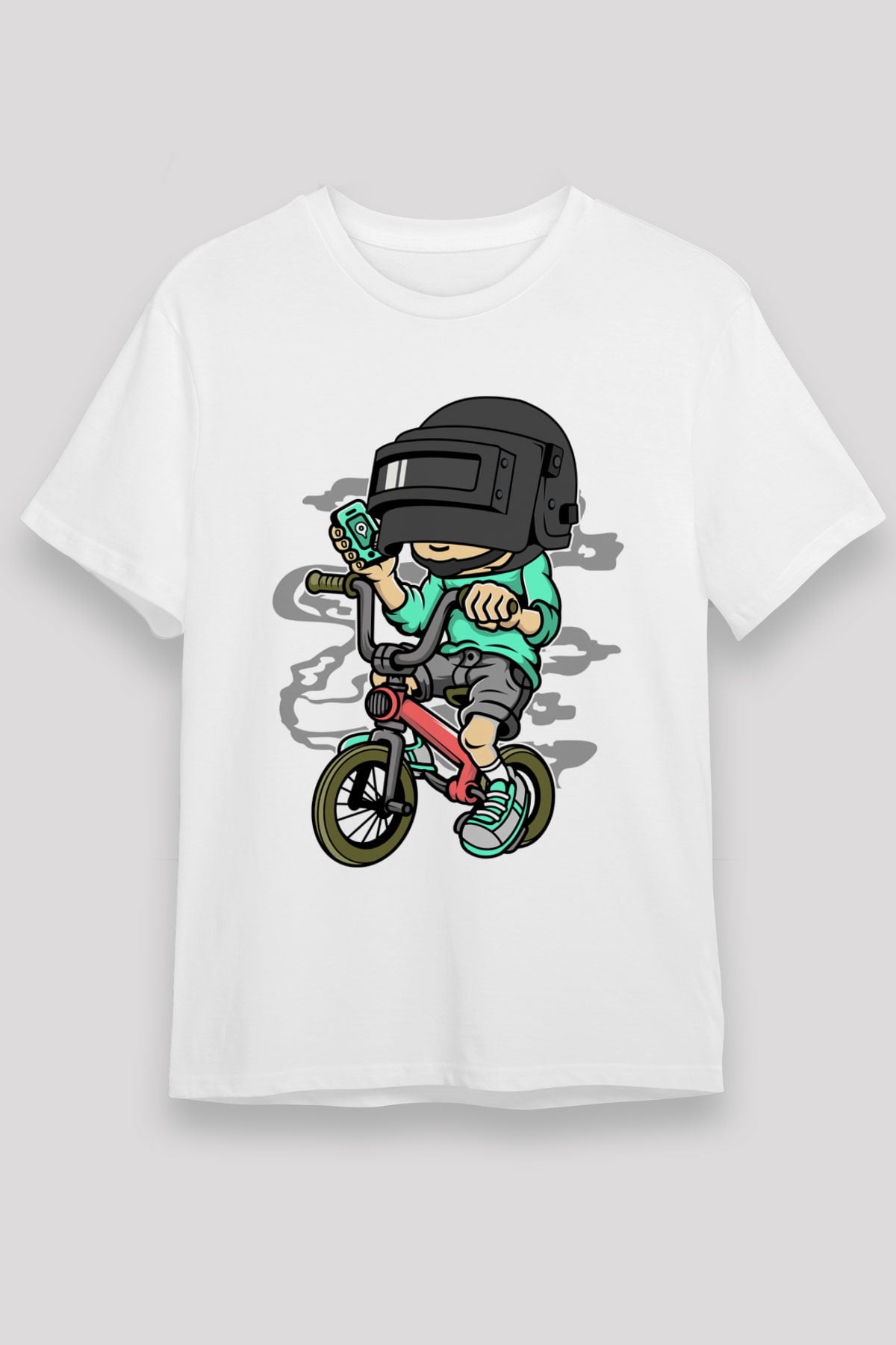 PUBG Biker Baskılı Unisex Beyaz Tişört