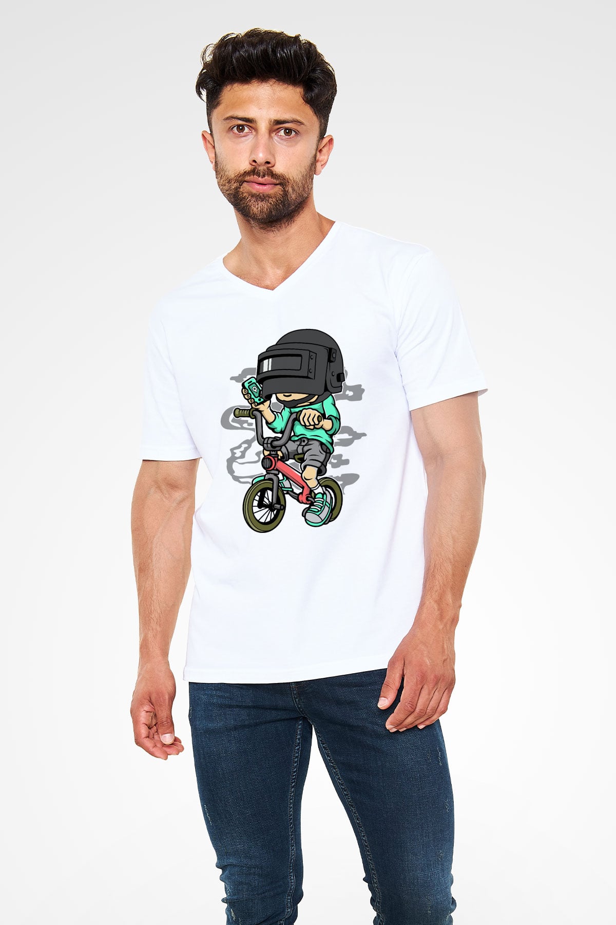 PUBG Biker Baskılı Unisex Beyaz V Yaka Tişört