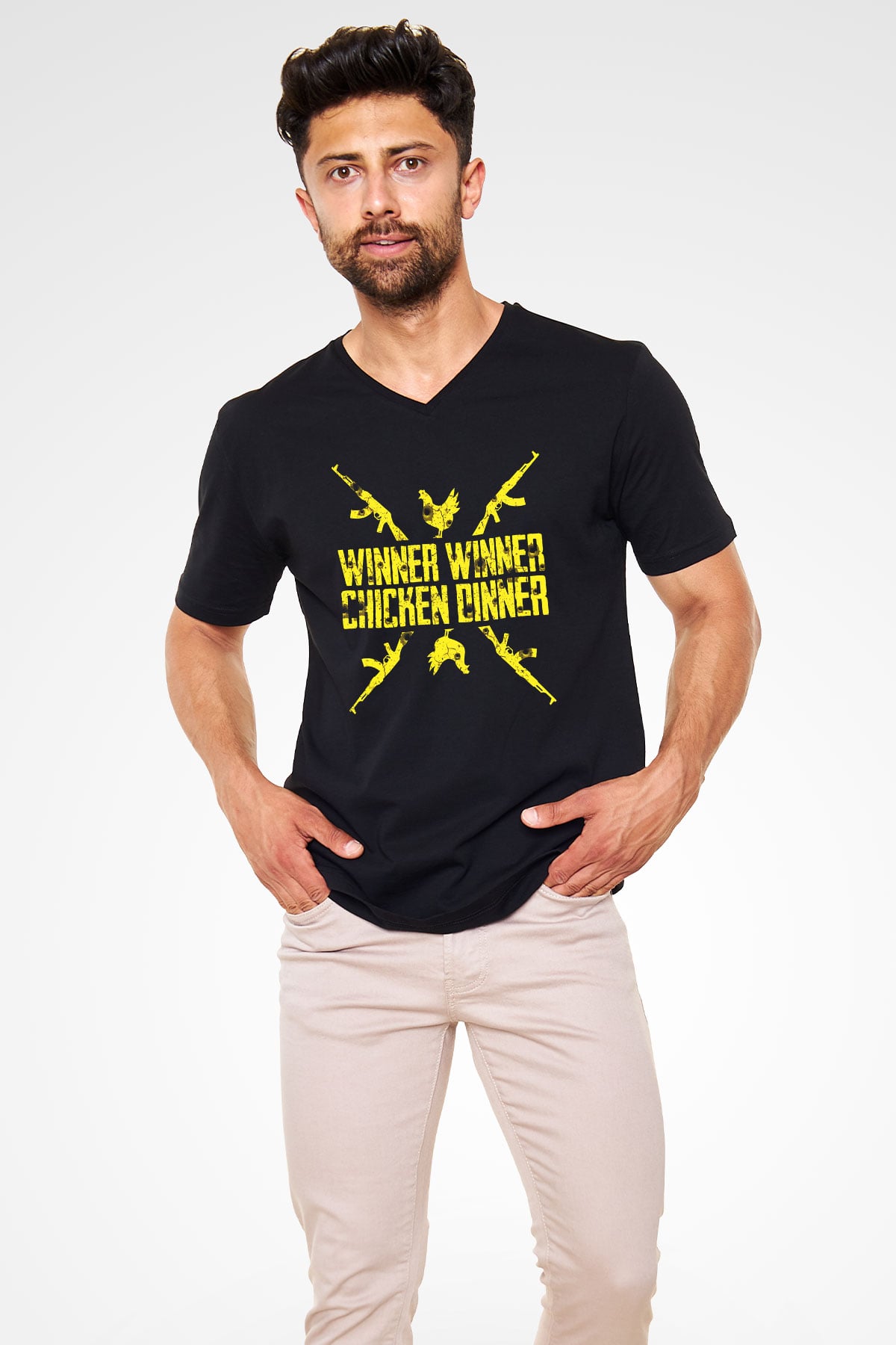 PUBG Siyah Unisex V Yaka Tişört T-Shirt