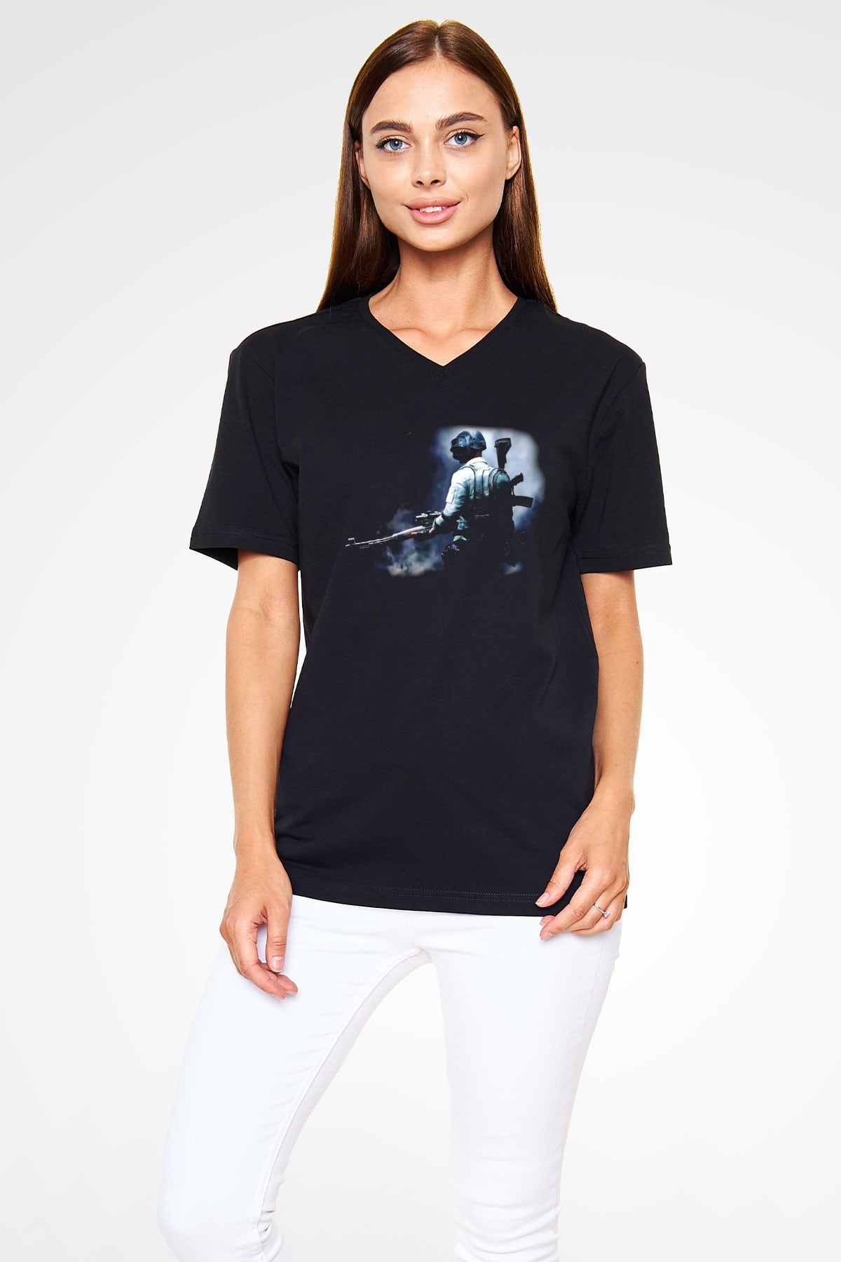 PUBG Siyah Unisex V Yaka Tişört T-Shirt