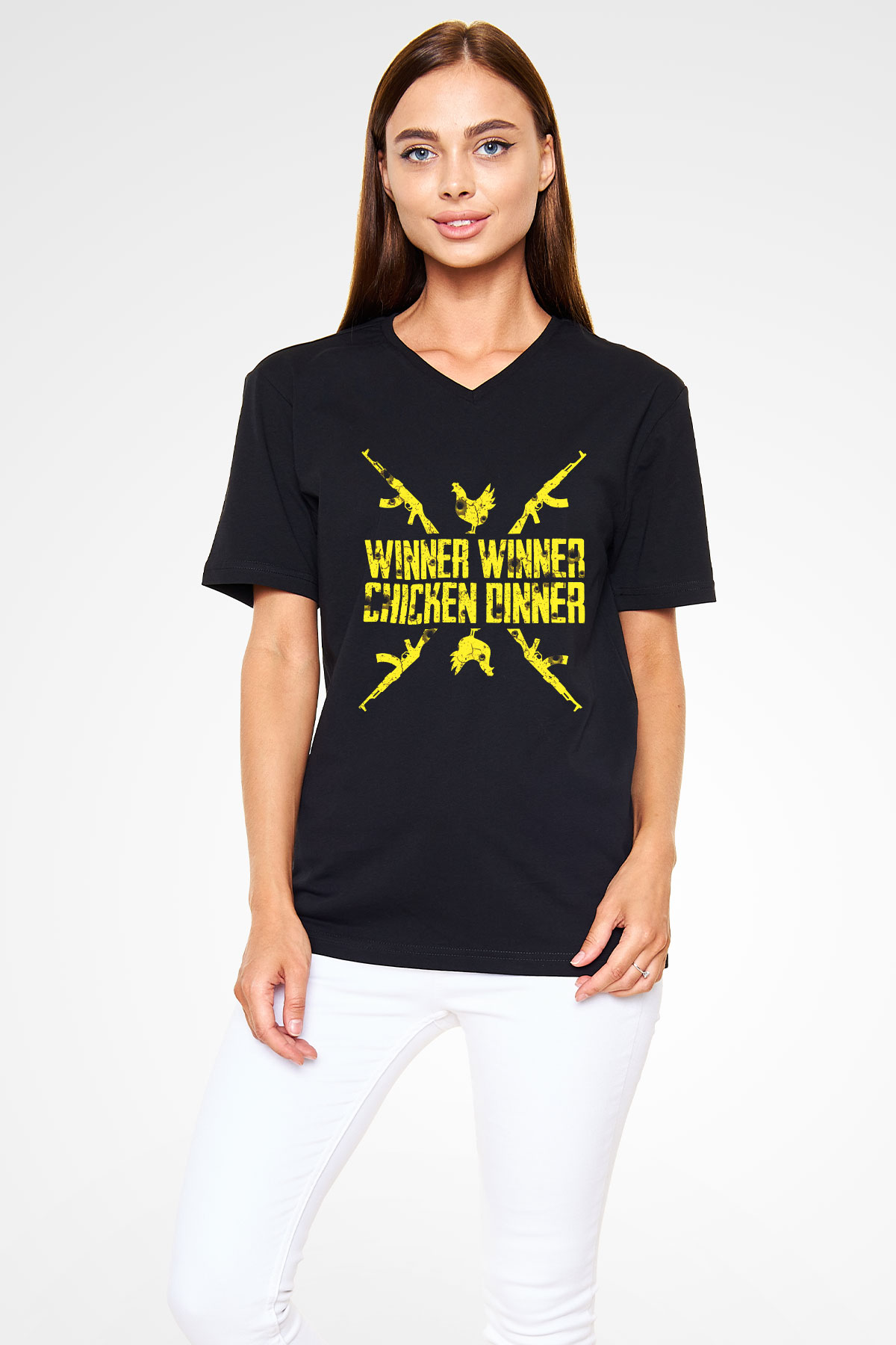 PUBG Siyah Unisex V Yaka Tişört T-Shirt