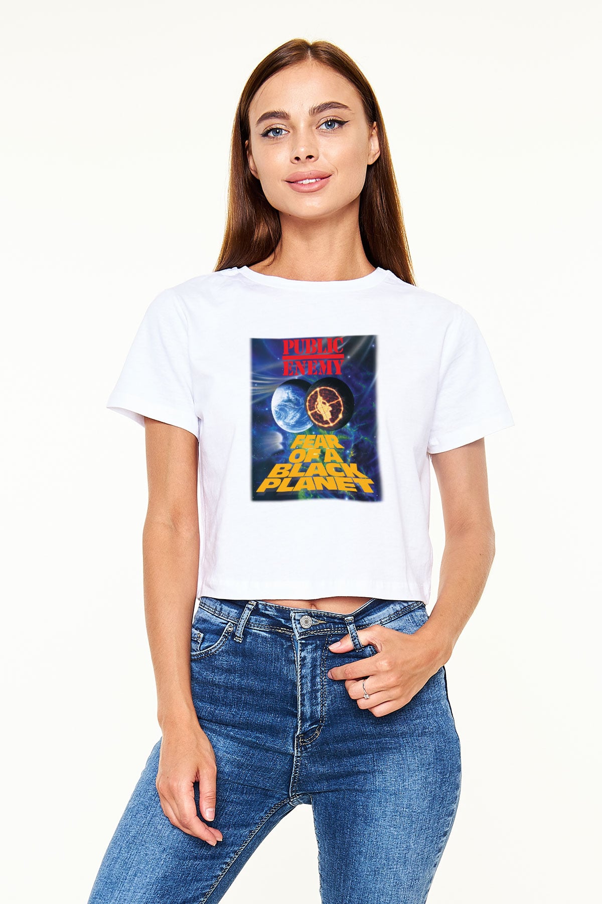 Public Enemy Beyaz Croptop Tişört