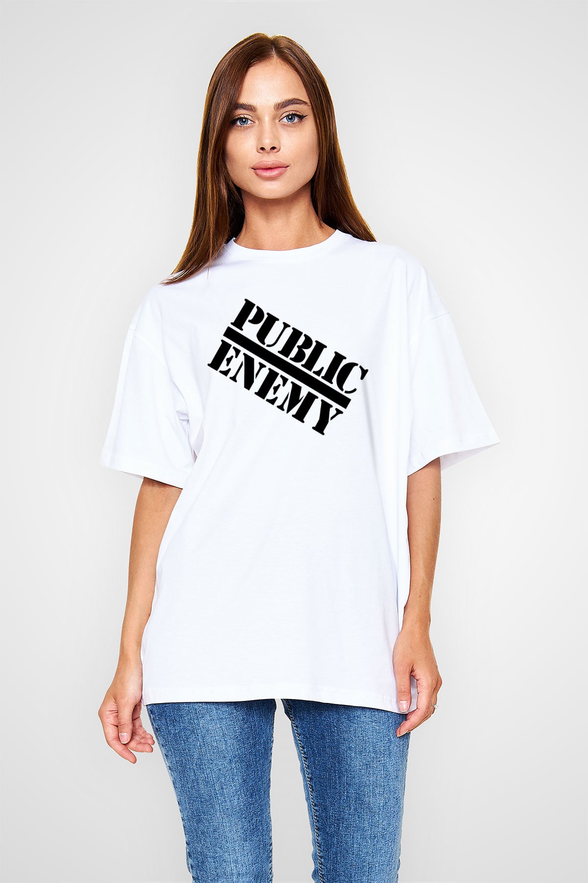 Public Enemy Beyaz Unisex Oversize Tişört T-Shirt