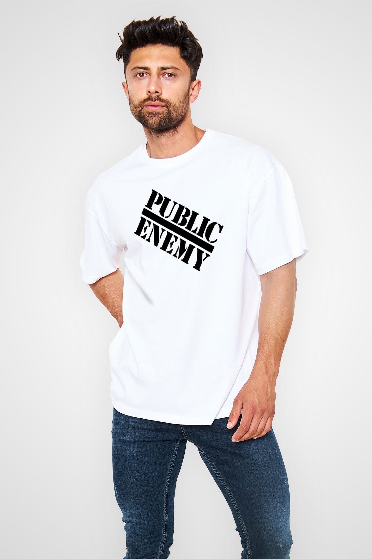 Public Enemy Beyaz Unisex Oversize Tişört T-Shirt