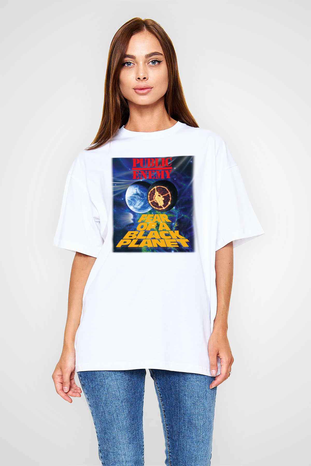 Public Enemy Beyaz Unisex Oversize Tişört T-Shirt