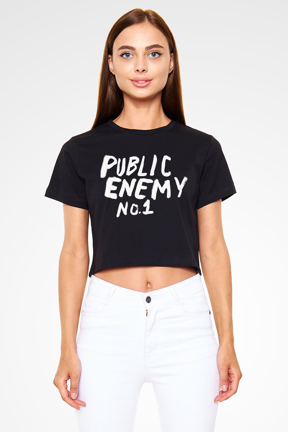 Public Enemy Siyah Crop Top Tişört