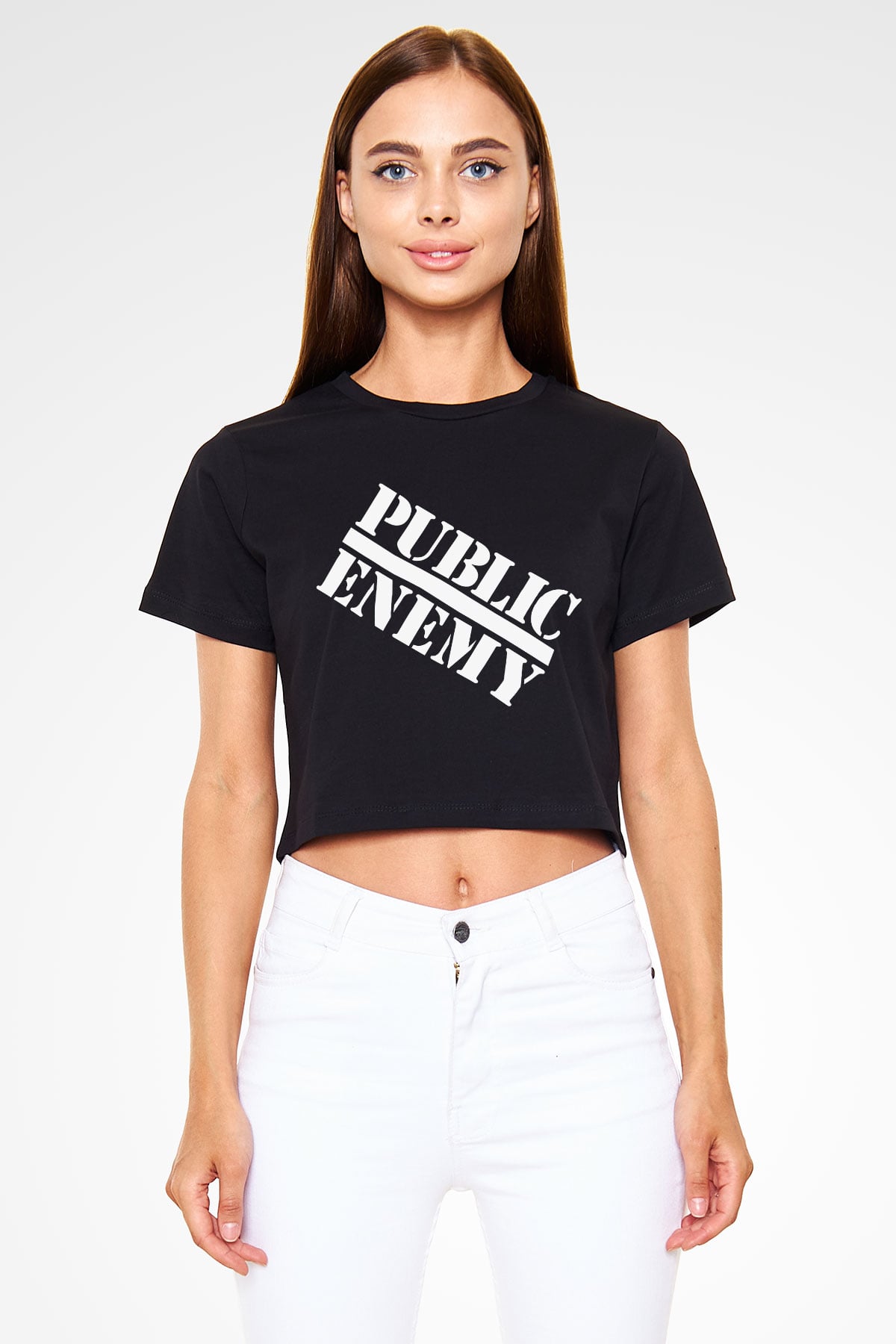 Public Enemy Siyah Crop Top Tişört