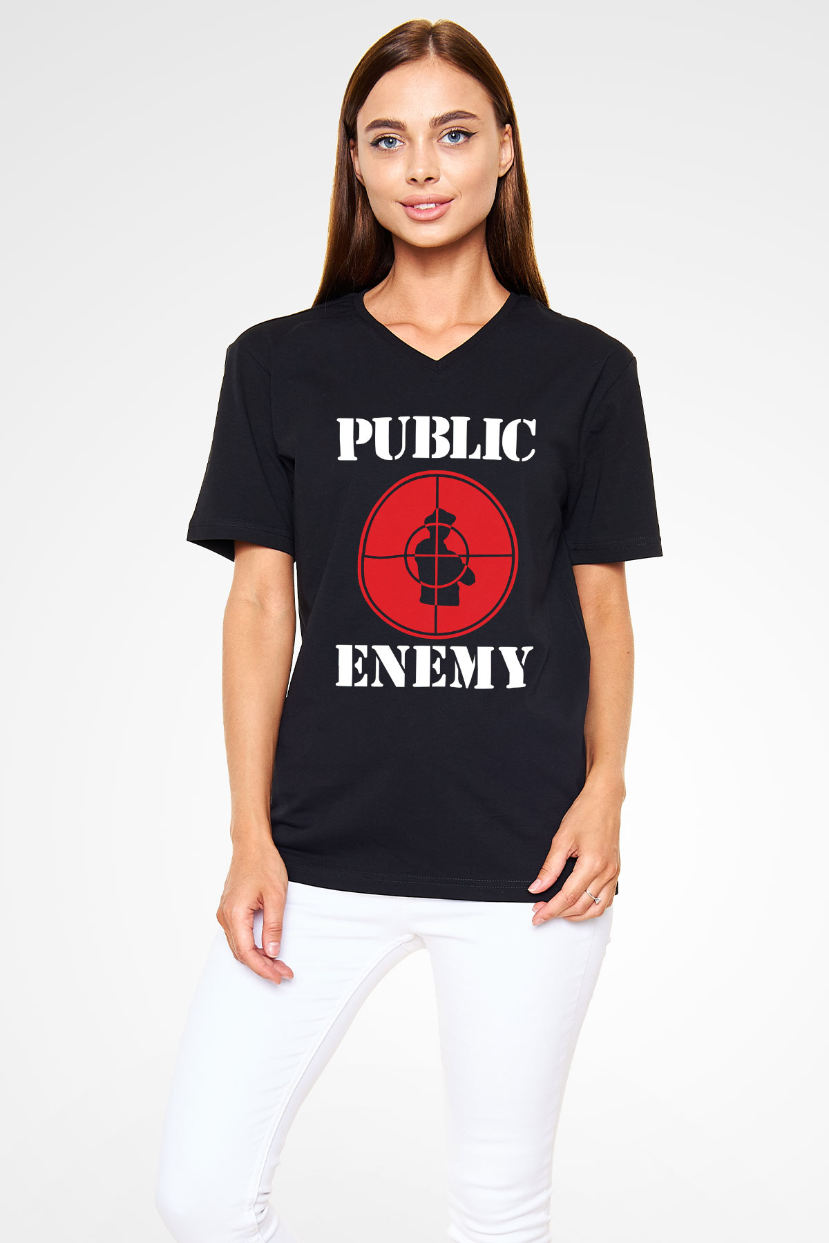 Public Enemy Siyah Unisex V Yaka Tişört T-Shirt