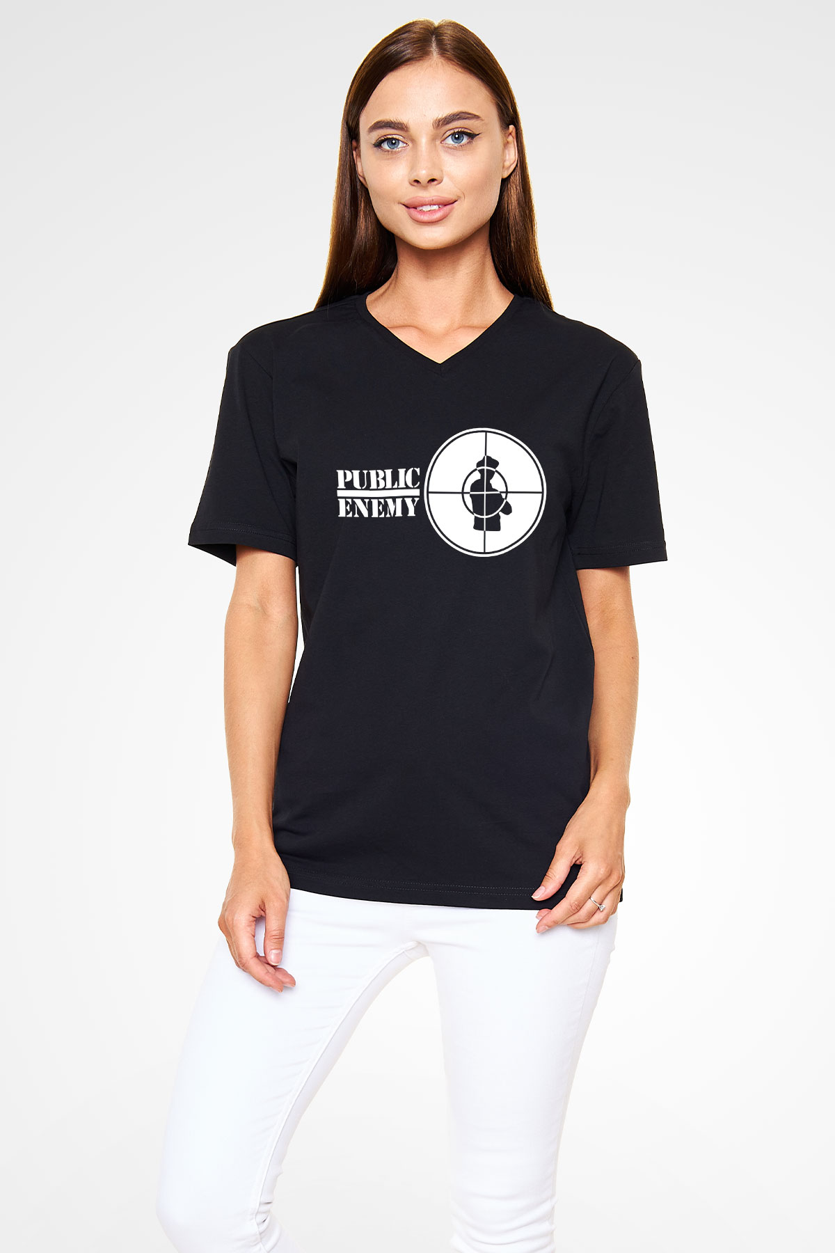 Public Enemy Siyah Unisex V Yaka Tişört