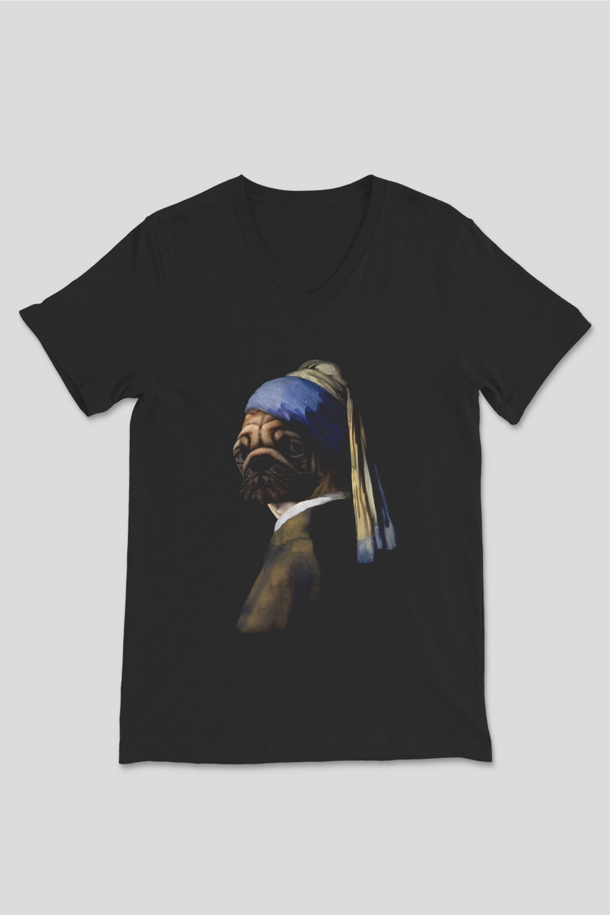 Pug Baskılı Unisex Siyah  V Yaka Tişört