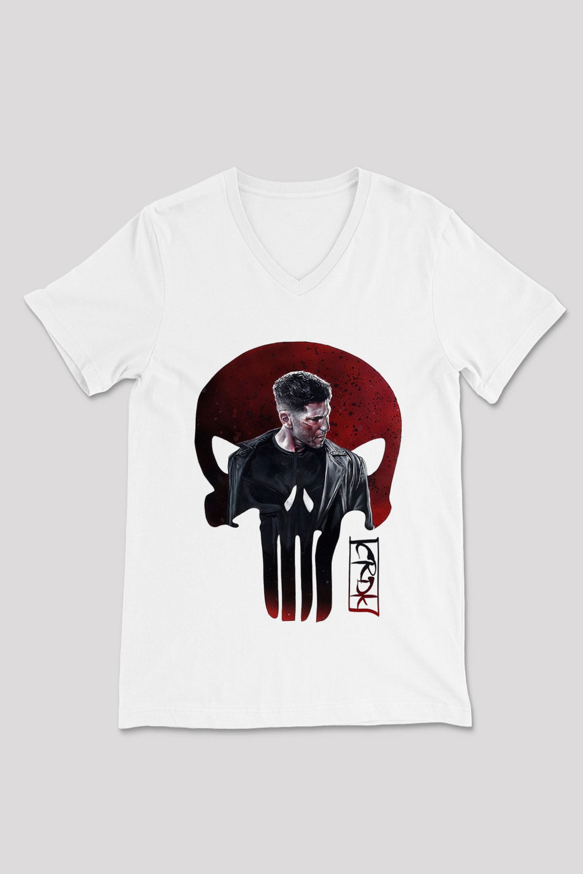 Punisher Beyaz Unisex V Yaka Tişört T-Shirt