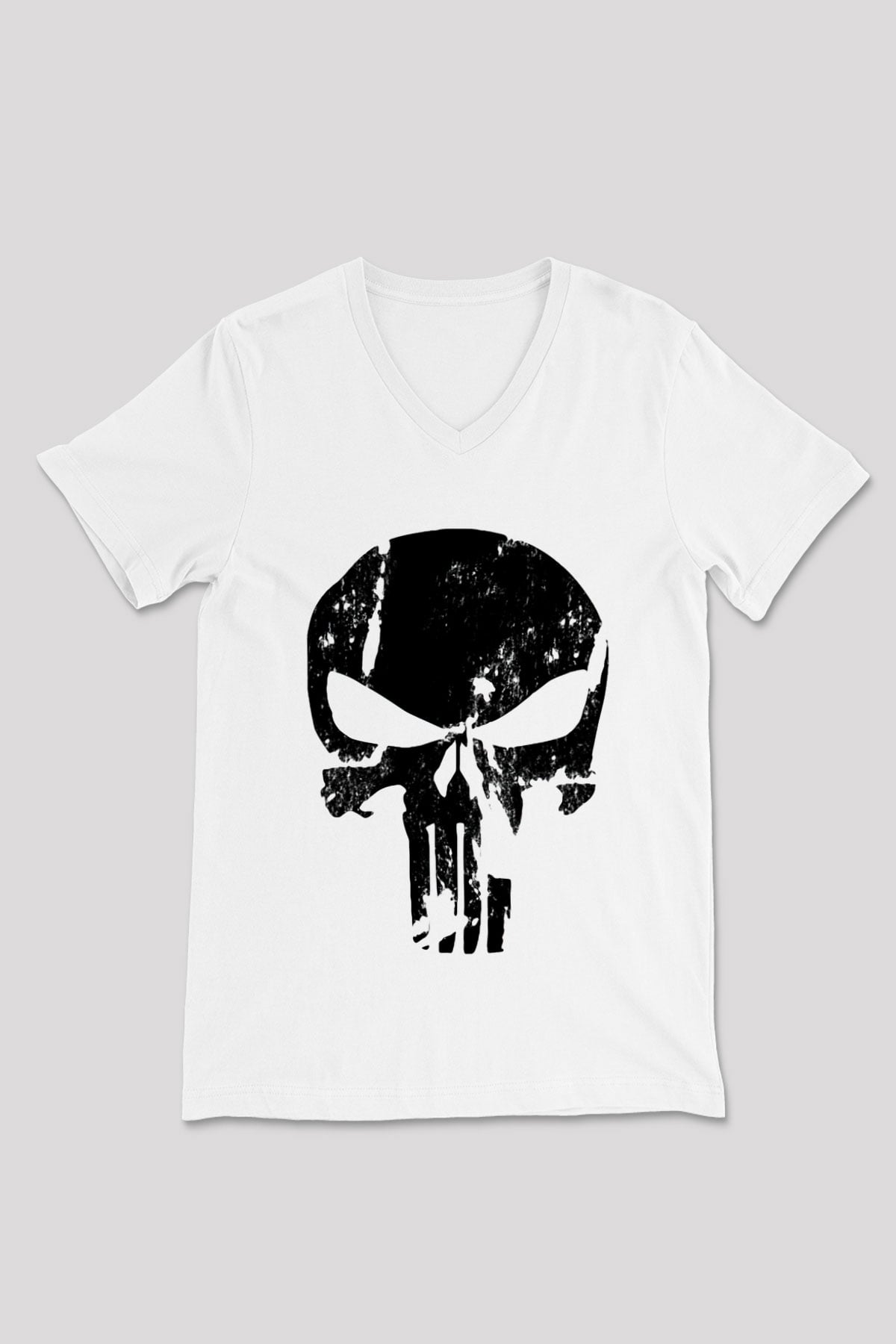 Punisher Beyaz Unisex V Yaka Tişört T-Shirt