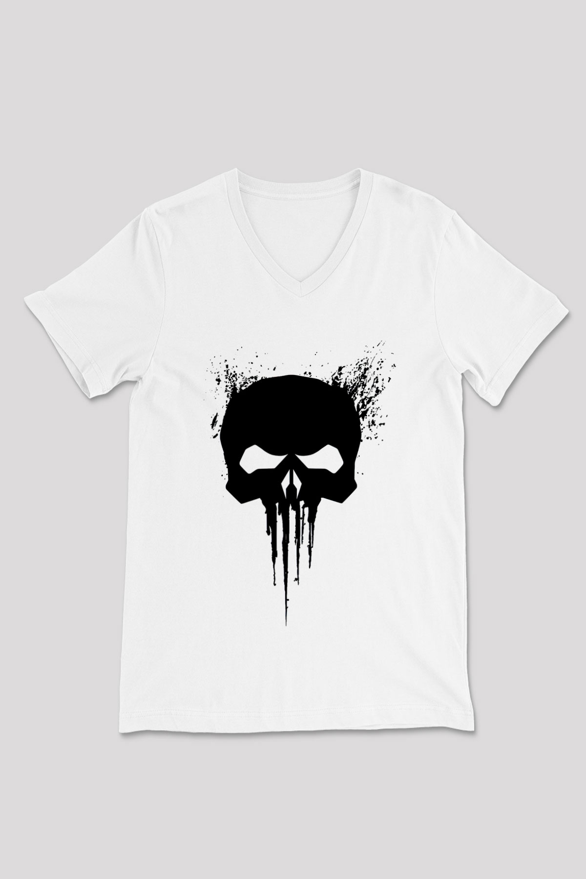 Punisher Beyaz Unisex V Yaka Tişört T-Shirt