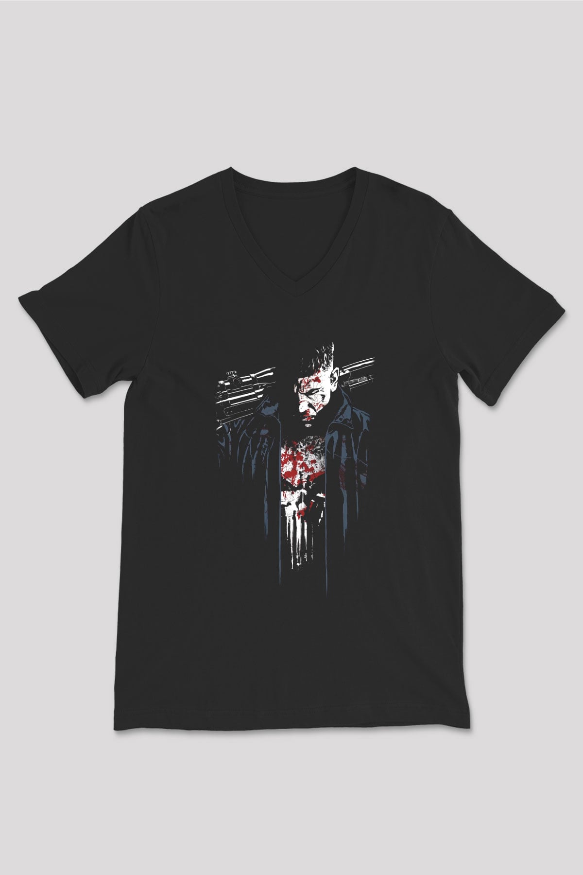 Punisher Siyah Unisex V Yaka Tişört