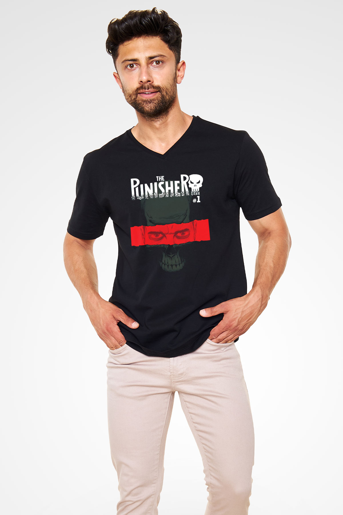 Punisher Siyah Unisex V Yaka Tişört T-Shirt