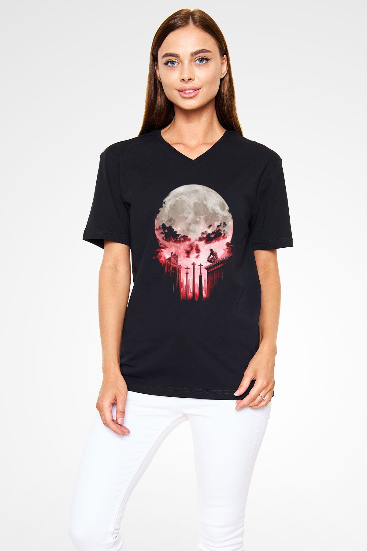 Punisher Siyah Unisex V Yaka Tişört T-Shirt