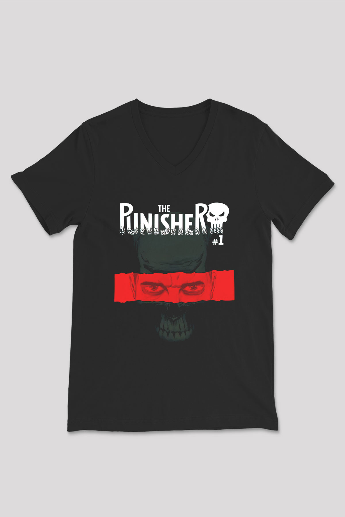 Punisher Siyah Unisex V Yaka Tişört T-Shirt