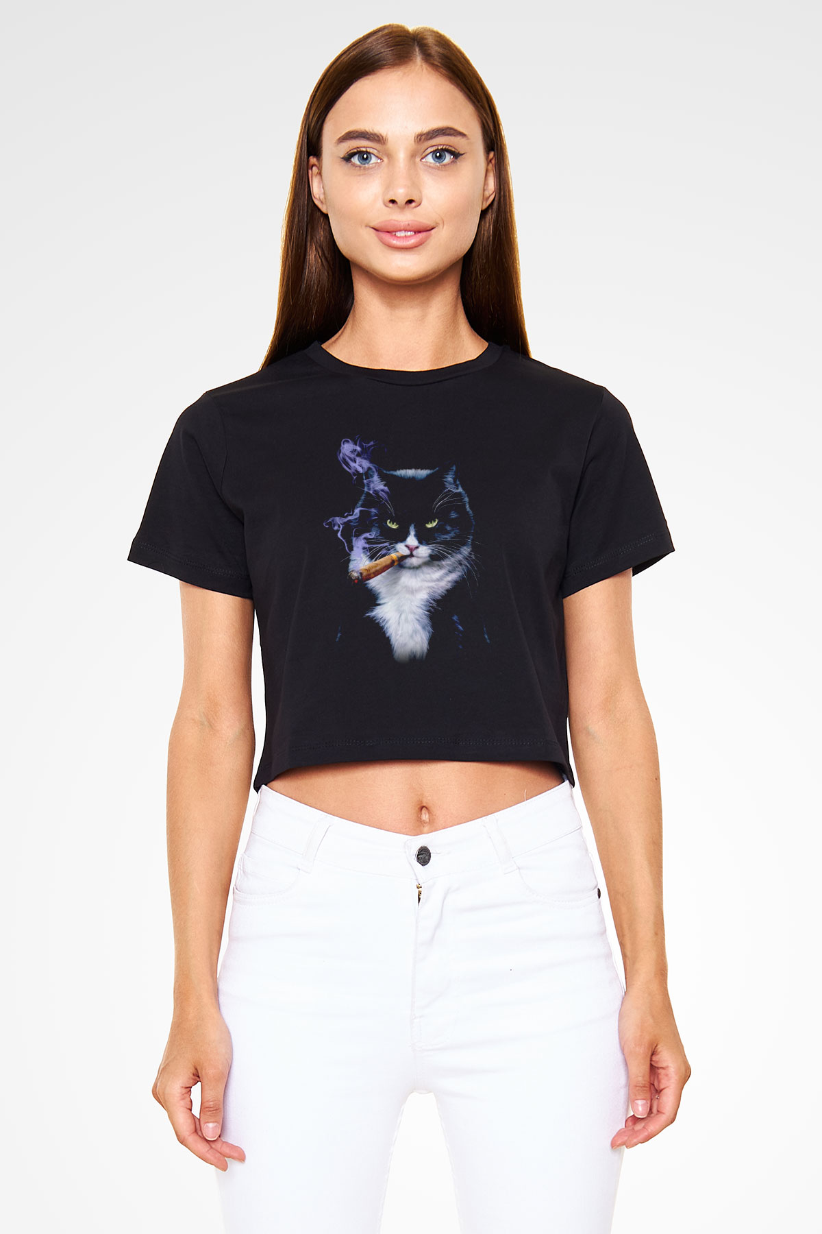 Puro İçen Karizmatik Kedi Baskılı  Siyah  Crop Top Tişört