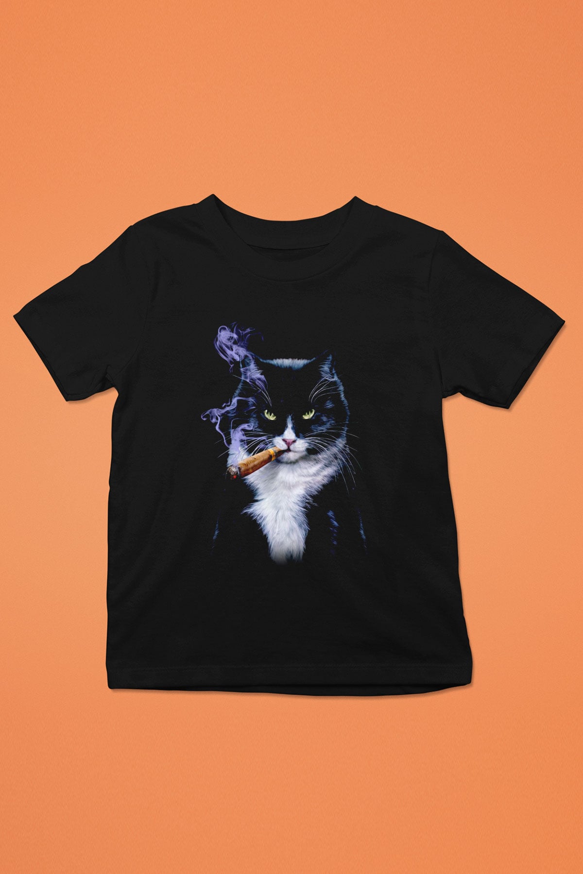 Puro İçen Karizmatik Kedi Baskılı Unisex Siyah  Çocuk Tişört