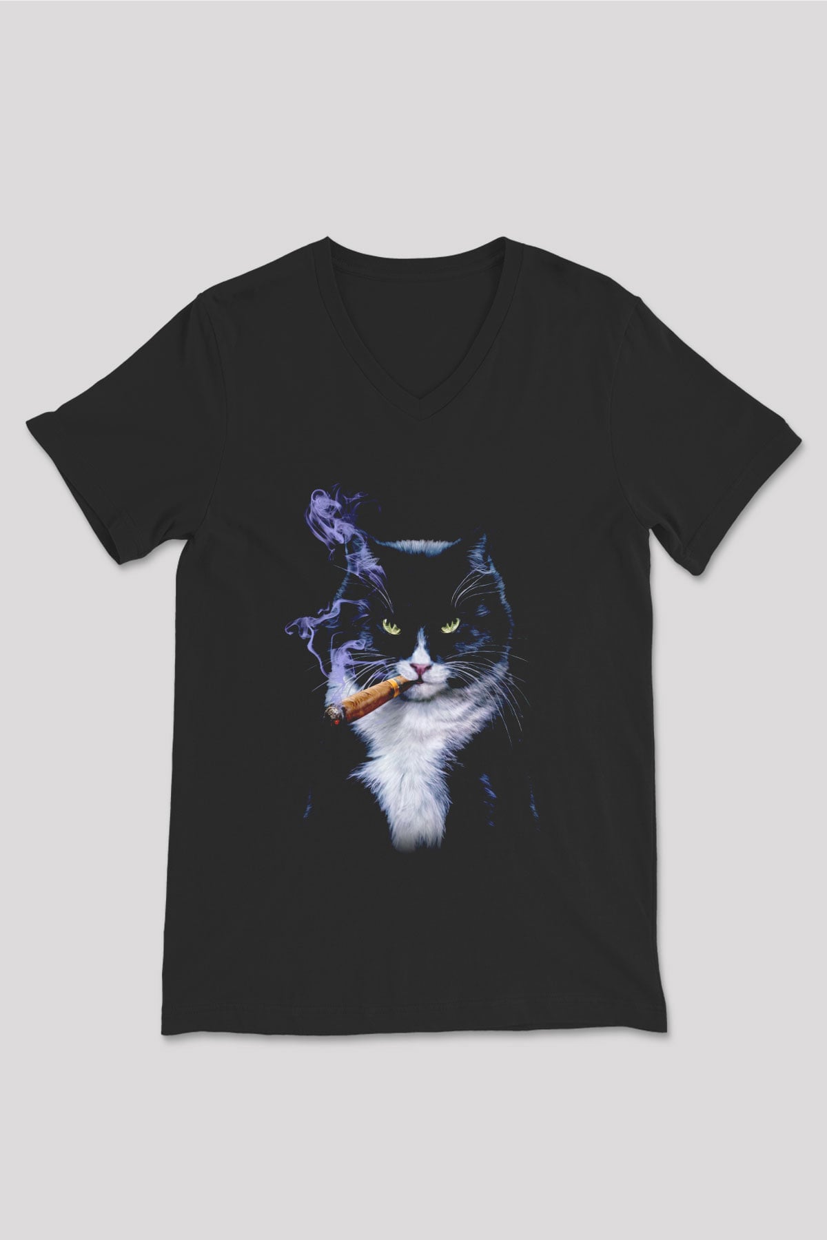 Puro İçen Karizmatik Kedi Baskılı Unisex Siyah  V Yaka Tişört