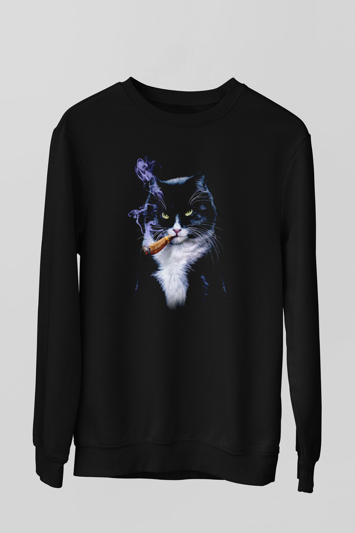 Puro İçen Karizmatik Kedi Baskılı Unisex Siyah  Sweatshirt