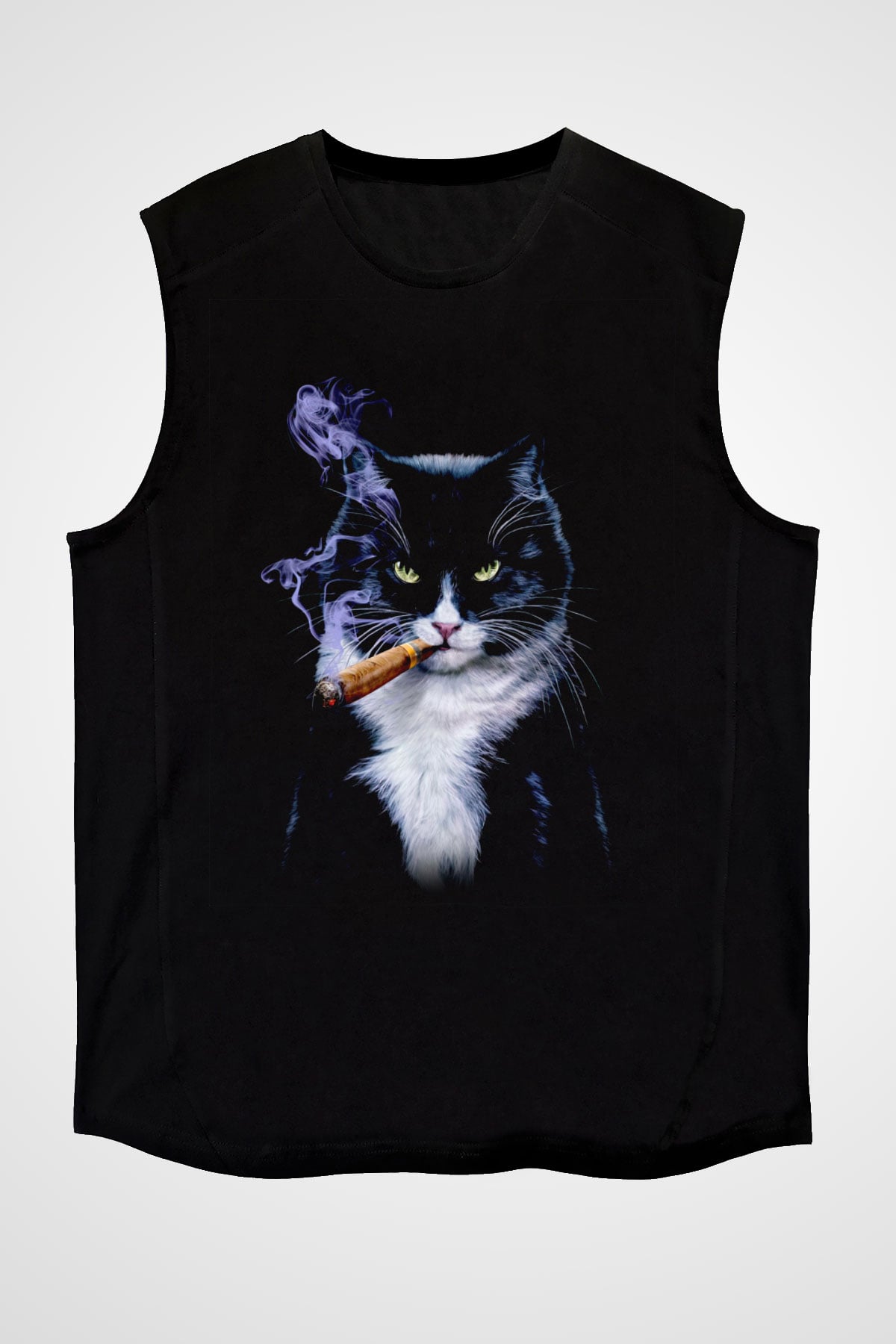 Puro İçen Karizmatik Kedi Baskılı Unisex Siyah  Kolsuz Tişört
