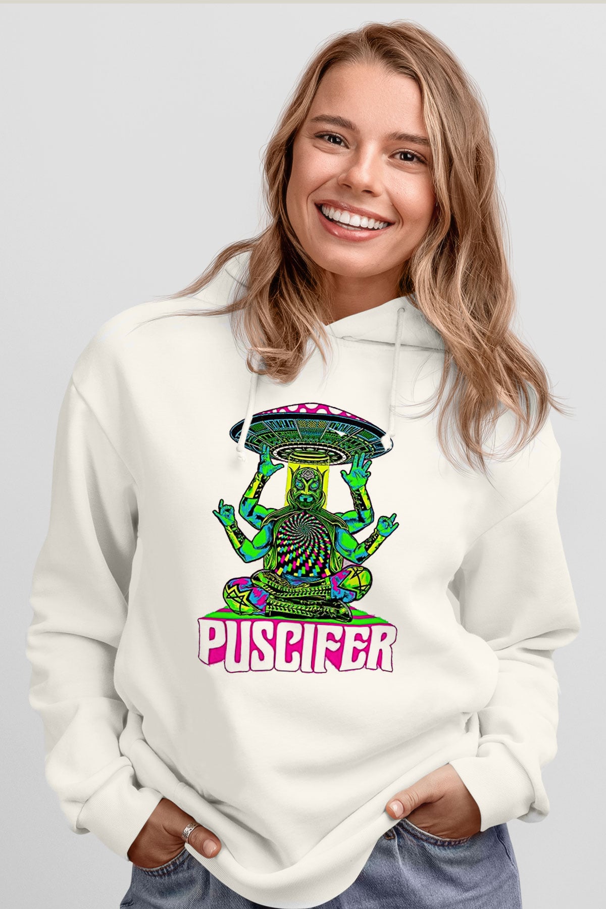 Puscifer Baskılı Beyaz Unisex Kapüşonlu Sweatshirt