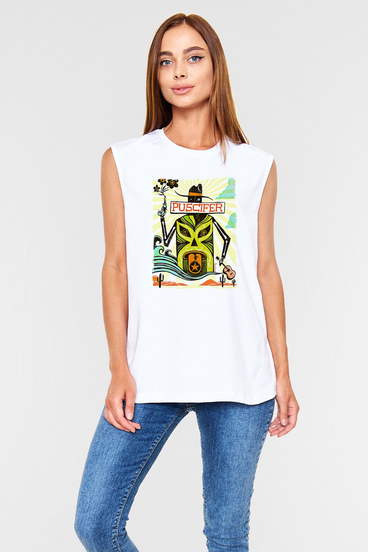 Puscifer Baskılı Beyaz Unisex Kolsuz Tişört - Tshirt